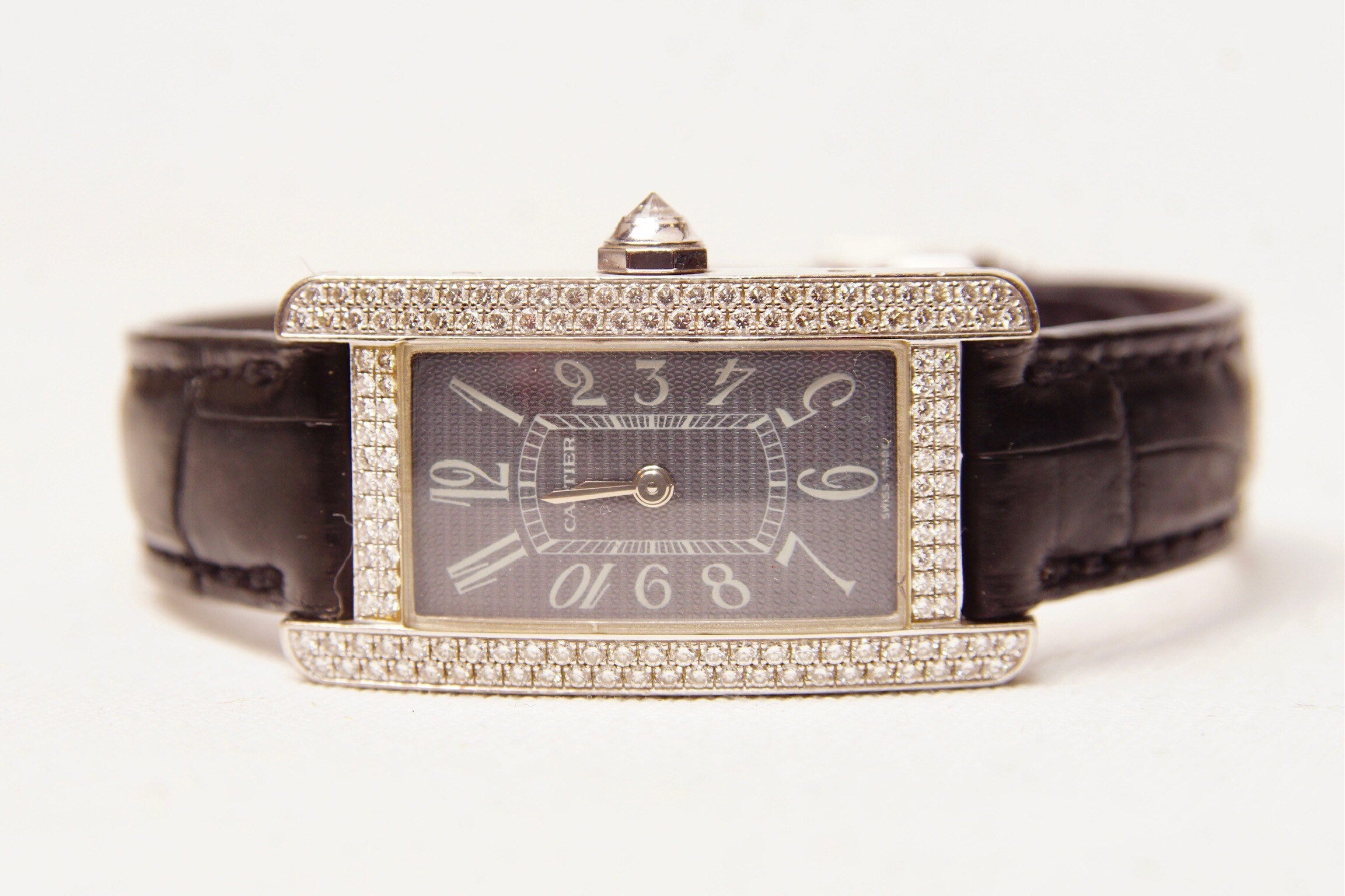 Cartier 18K White Gold Diamond Ladies Wrist Watch, Quartz Tank Americaine 2489, Leather Bands, 4-Jewel Movement, Original Box & Paperwork