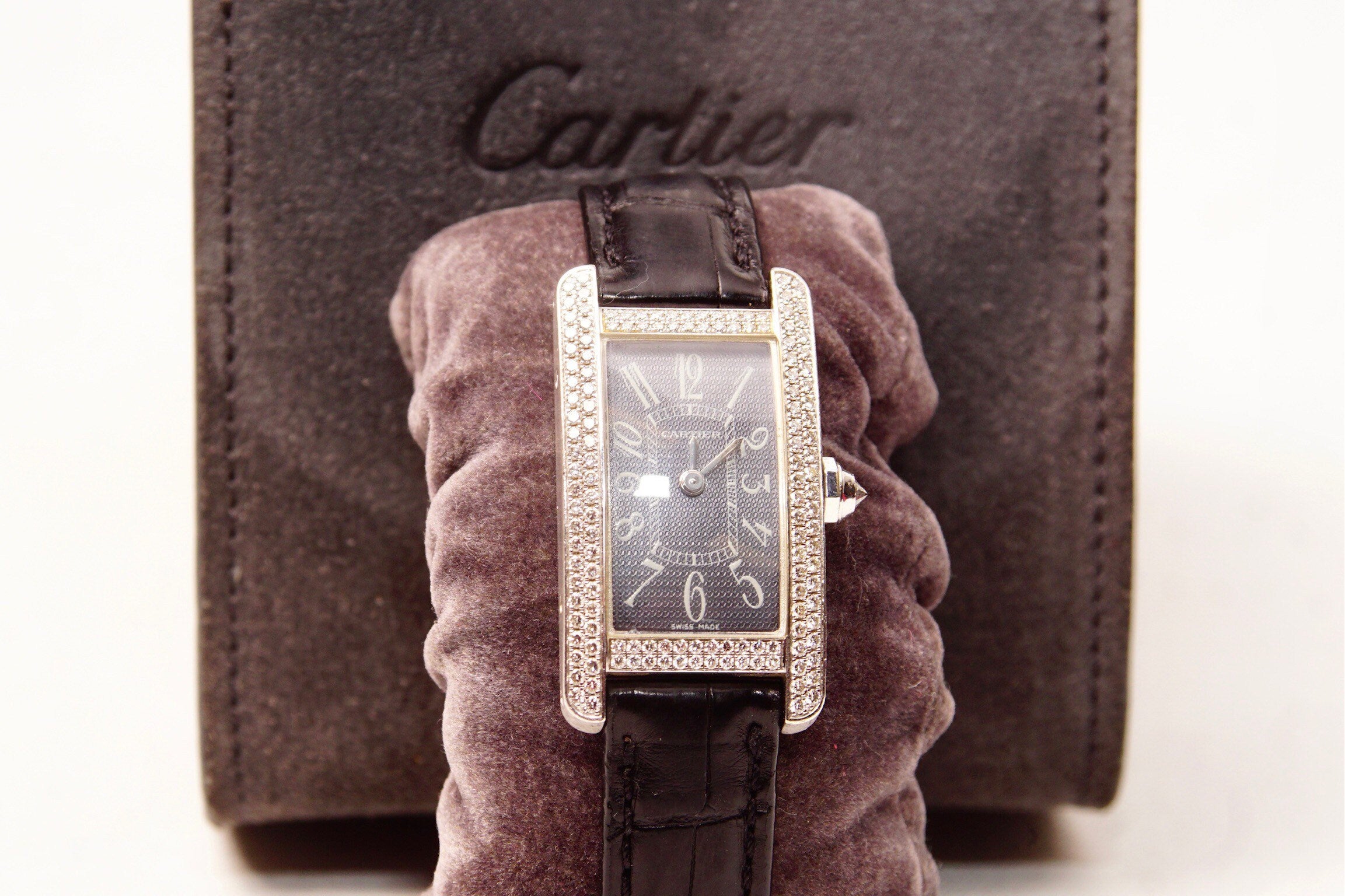 Cartier 18K White Gold Diamond Ladies Wrist Watch, Quartz Tank Americaine 2489, Leather Bands, 4-Jewel Movement, Original Box & Paperwork