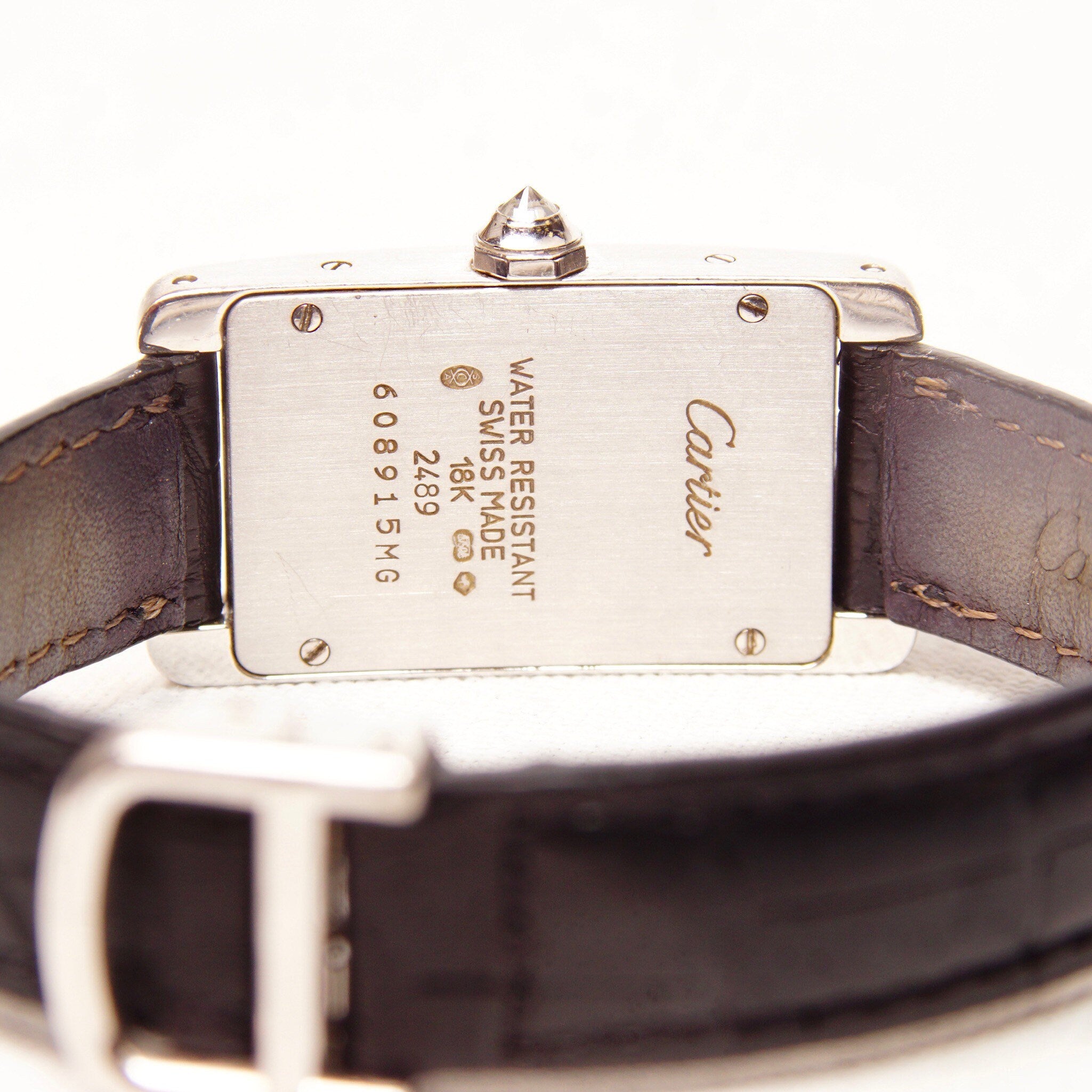 Cartier 18K White Gold Diamond Ladies Wrist Watch, Quartz Tank Americaine 2489, Leather Bands, 4-Jewel Movement, Original Box & Paperwork