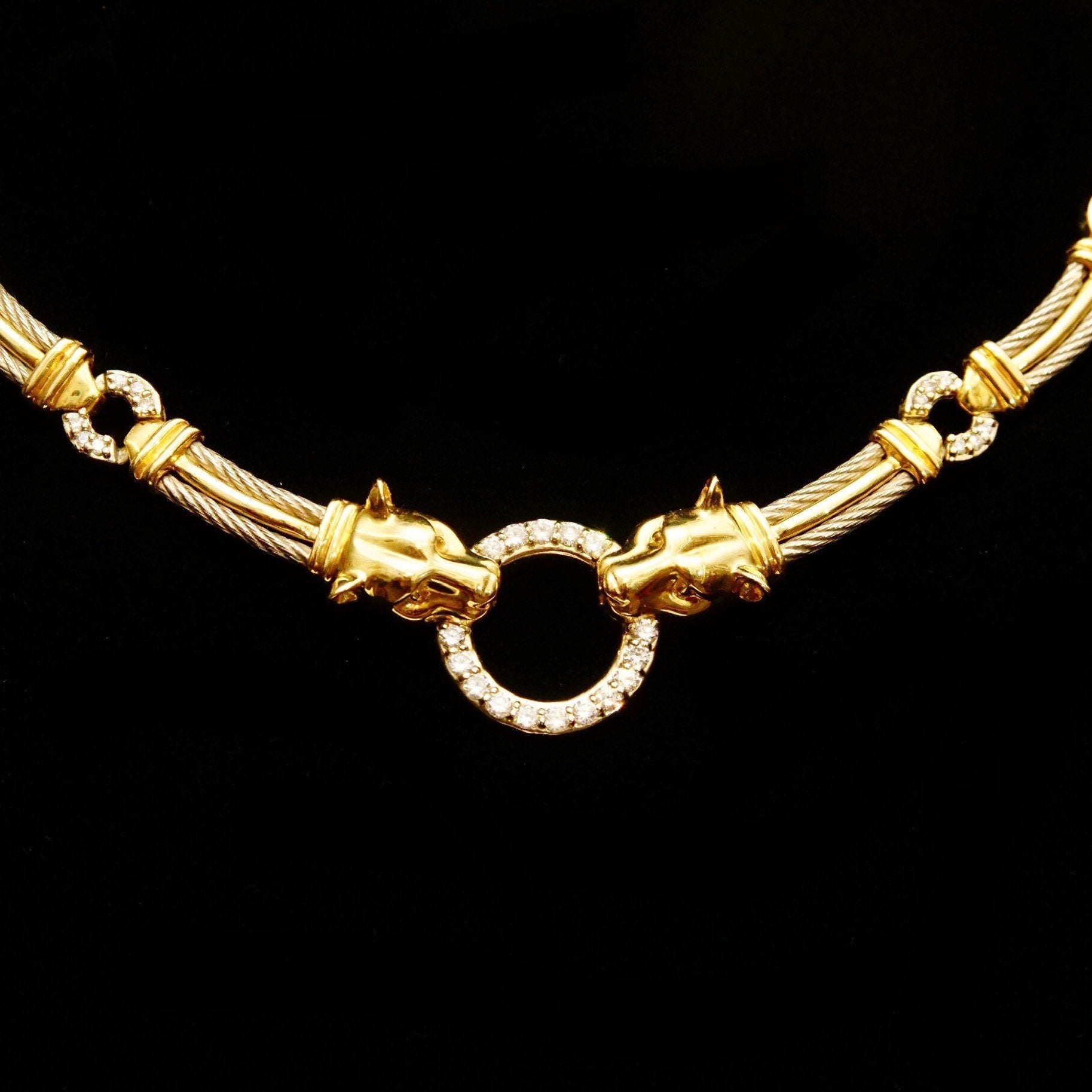 14K Diamond Panther Knocker Collar Necklace, Diamond Encrusted Pendant & Chain, 1.56 TCW, Solid 585 Gold, 16 1/4" L