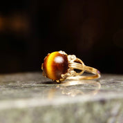 Art Deco 10K Tigers Eye Cabochon Ring In Yellow Gold, Floral Embellishments, Vintage Cocktail Ring, Size 7 US