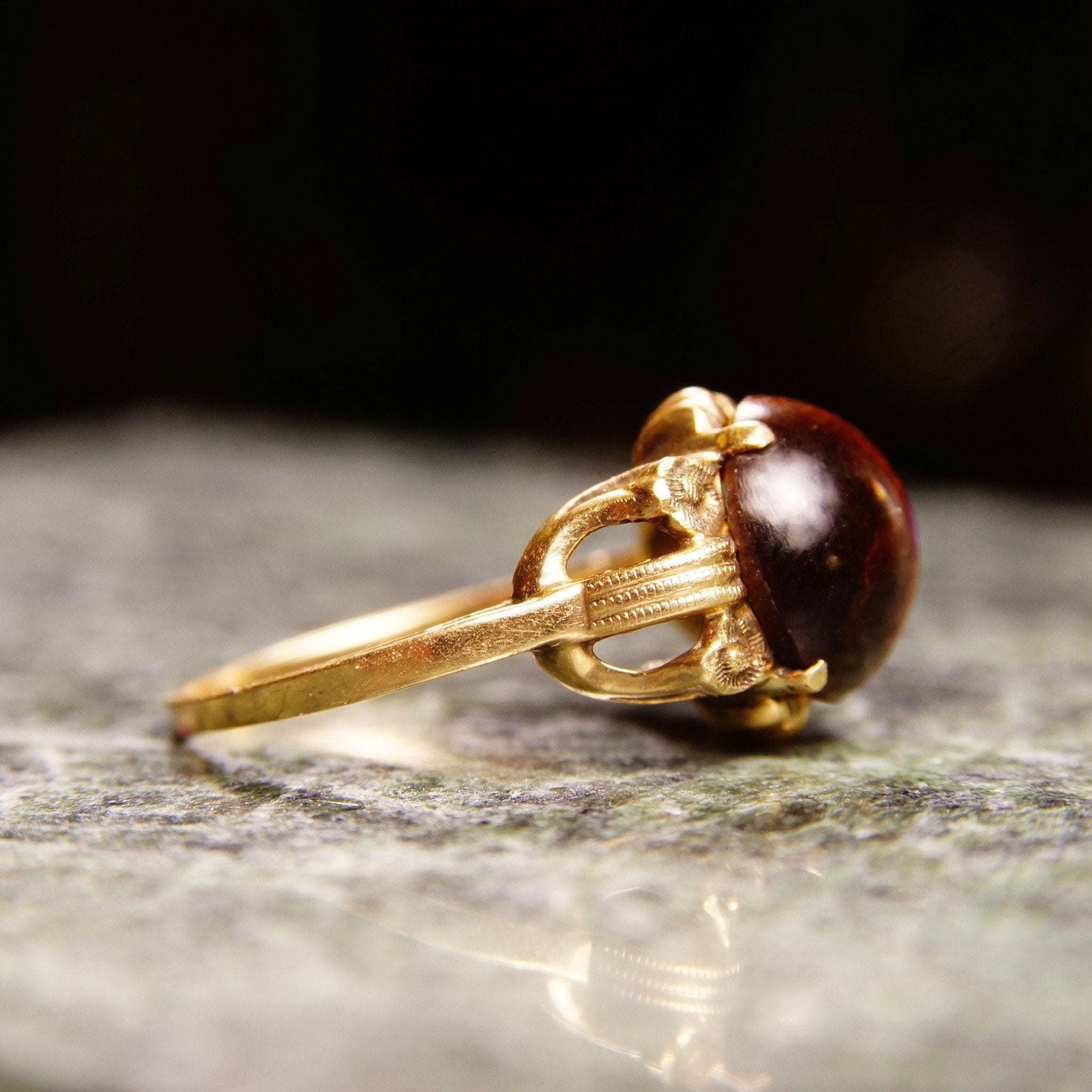 Art Deco 10K Tigers Eye Cabochon Ring In Yellow Gold, Floral Embellishments, Vintage Cocktail Ring, Size 7 US