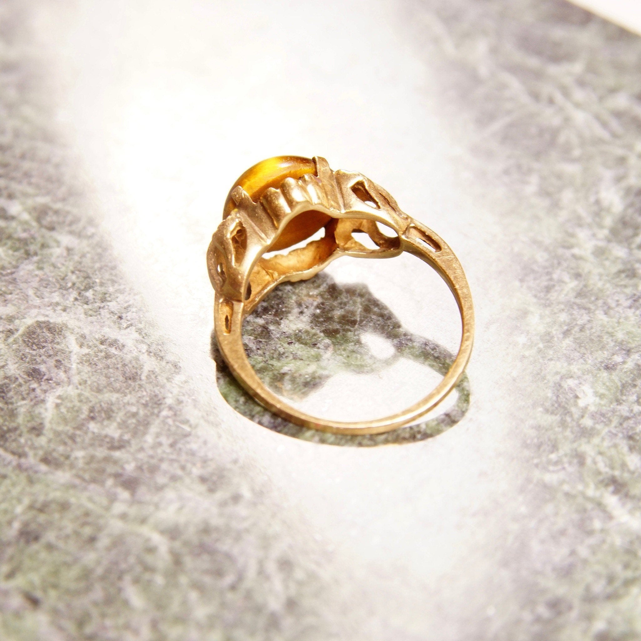 Art Deco 10K Tigers Eye Cabochon Ring In Yellow Gold, Floral Embellishments, Vintage Cocktail Ring, Size 7 US