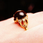 Art Deco 10K Tigers Eye Cabochon Ring In Yellow Gold, Floral Embellishments, Vintage Cocktail Ring, Size 7 US