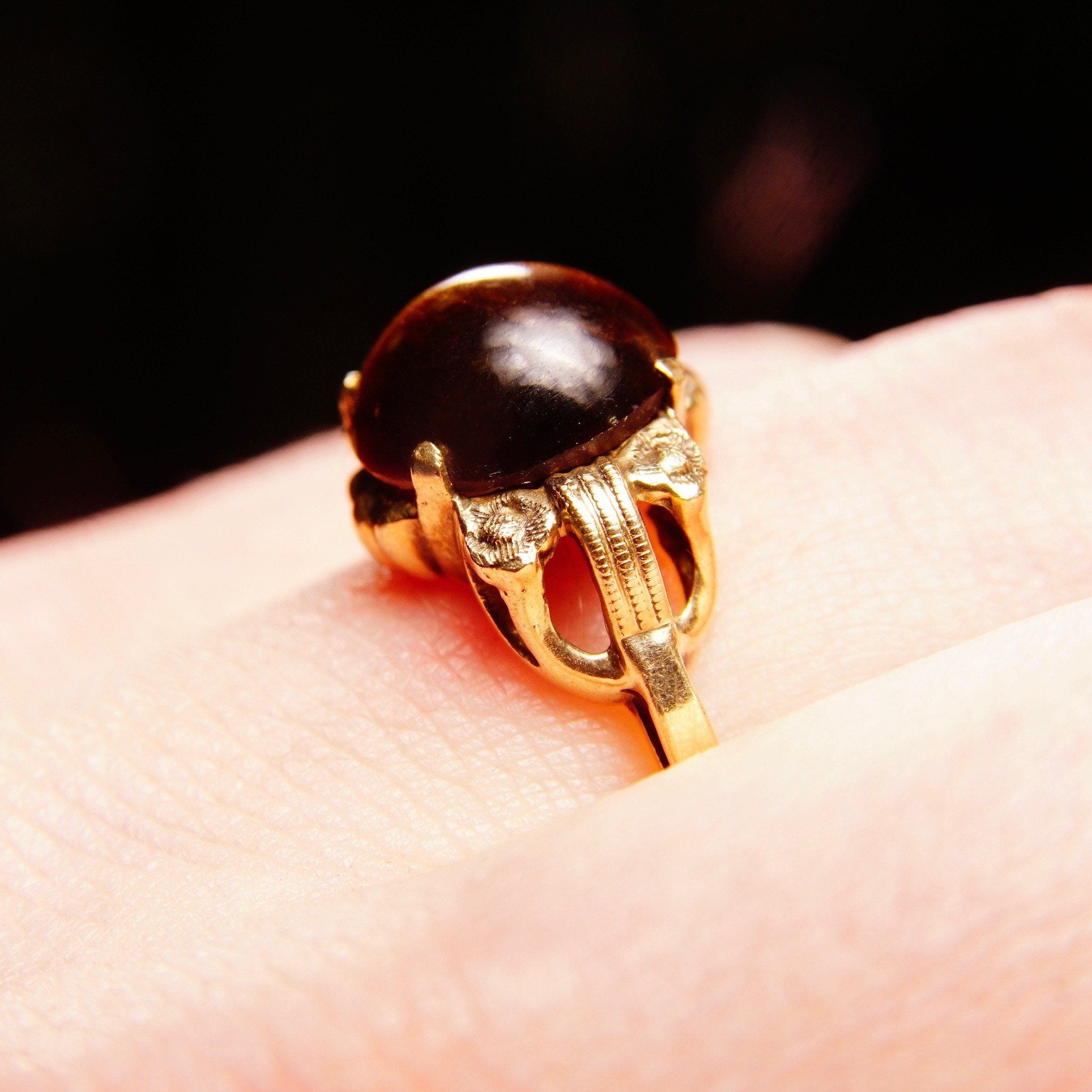Art Deco 10K Tigers Eye Cabochon Ring In Yellow Gold, Floral Embellishments, Vintage Cocktail Ring, Size 7 US