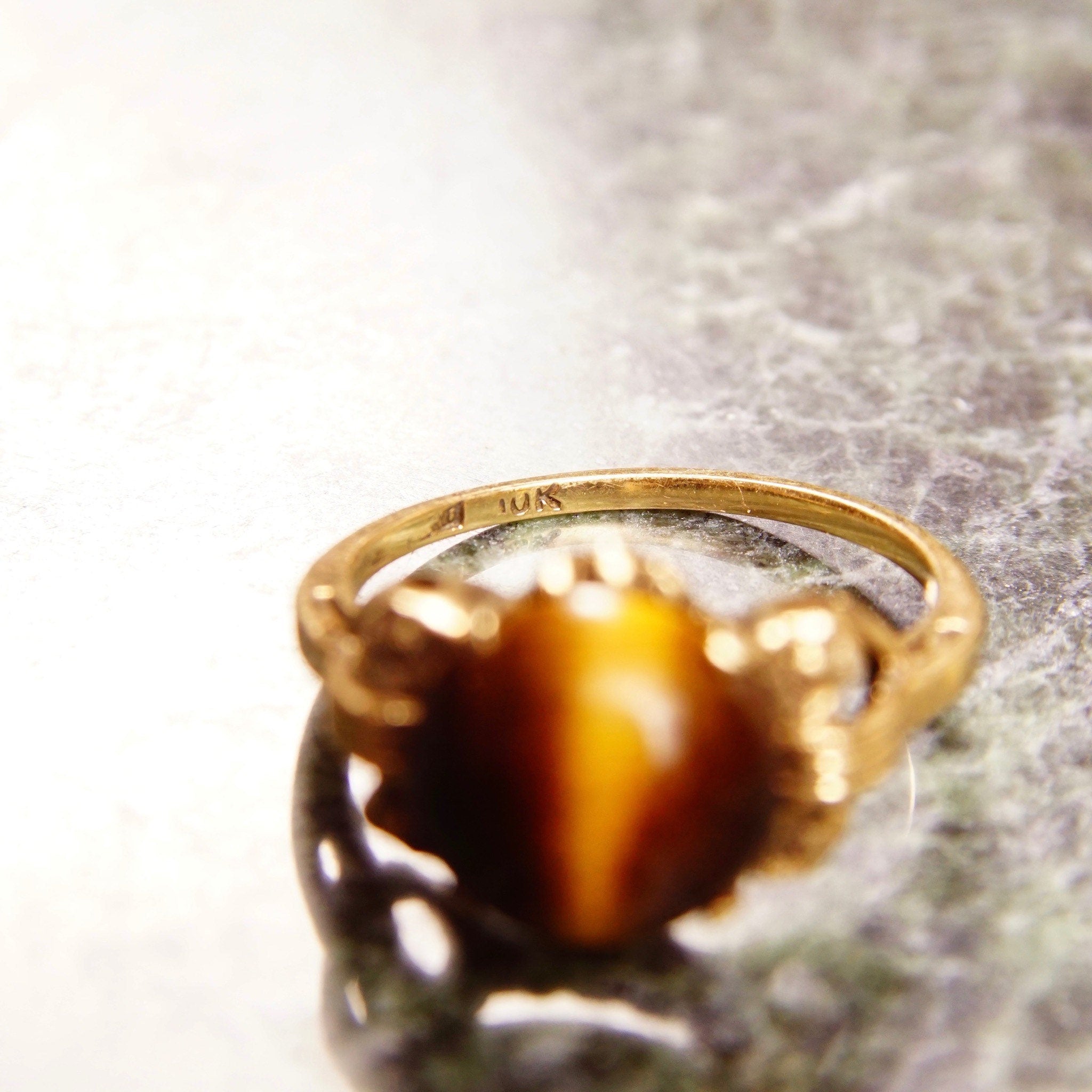 Art Deco 10K Tigers Eye Cabochon Ring In Yellow Gold, Floral Embellishments, Vintage Cocktail Ring, Size 7 US