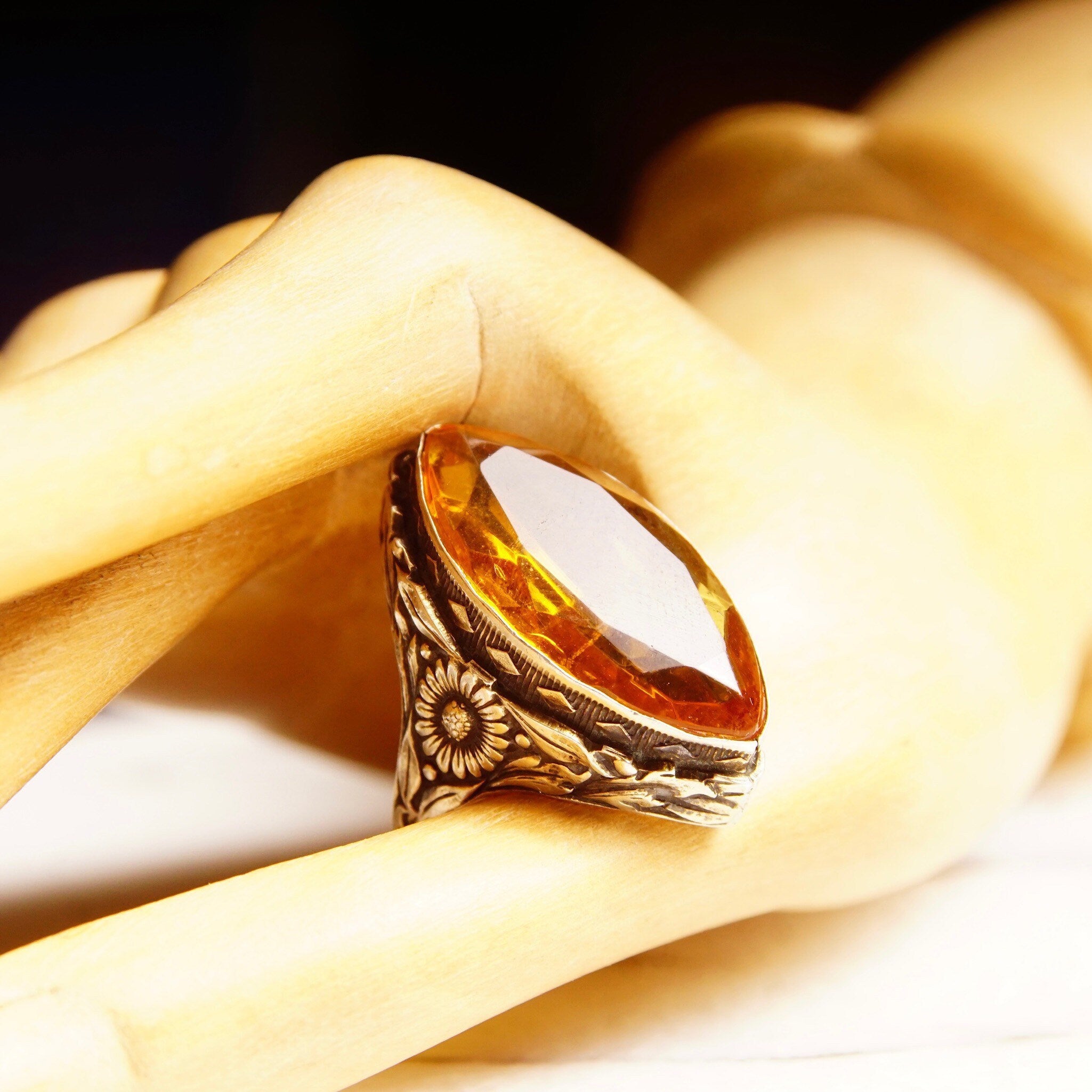 Vintage Sterling Silver Yellow Citrine Ring, Marquise-Cut Gemstone, Wide Floral Engraved Silver Band, 925 Statement Ring, Size 4 US