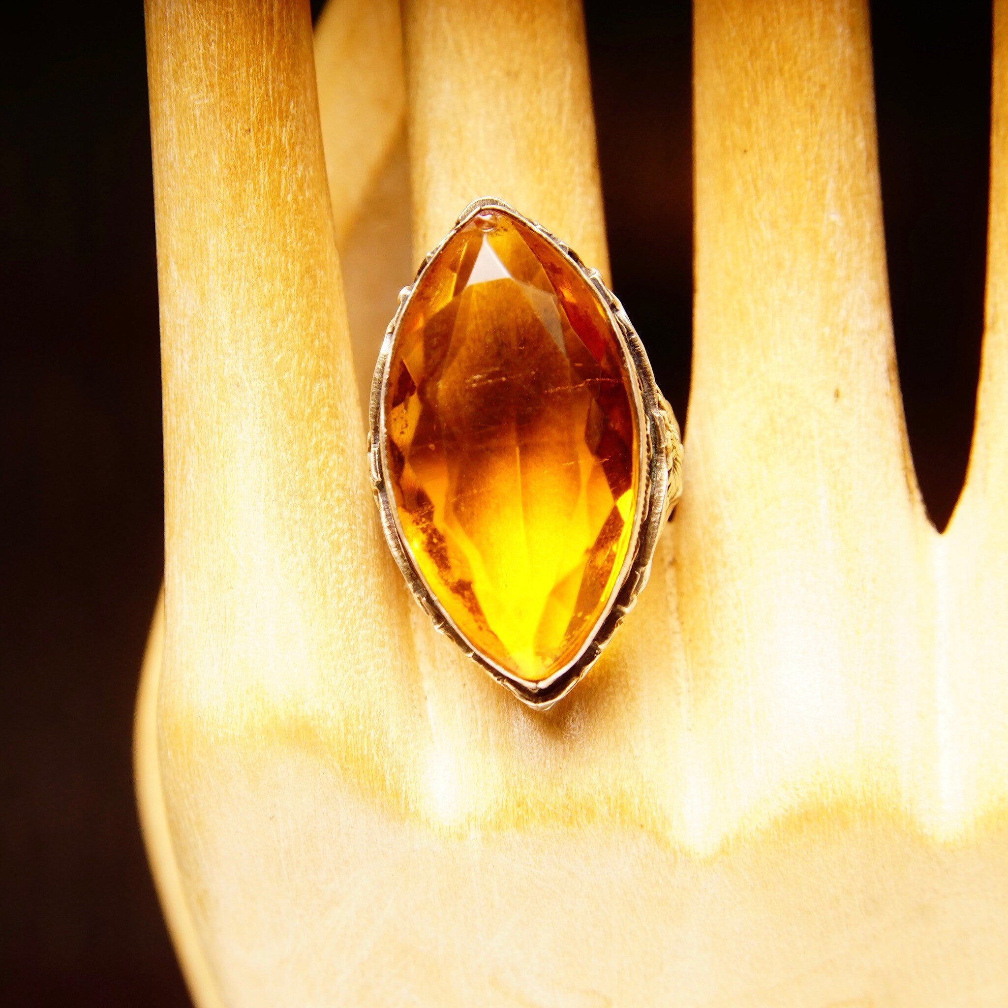 Vintage Sterling Silver Yellow Citrine Ring, Marquise-Cut Gemstone, Wide Floral Engraved Silver Band, 925 Statement Ring, Size 4 US