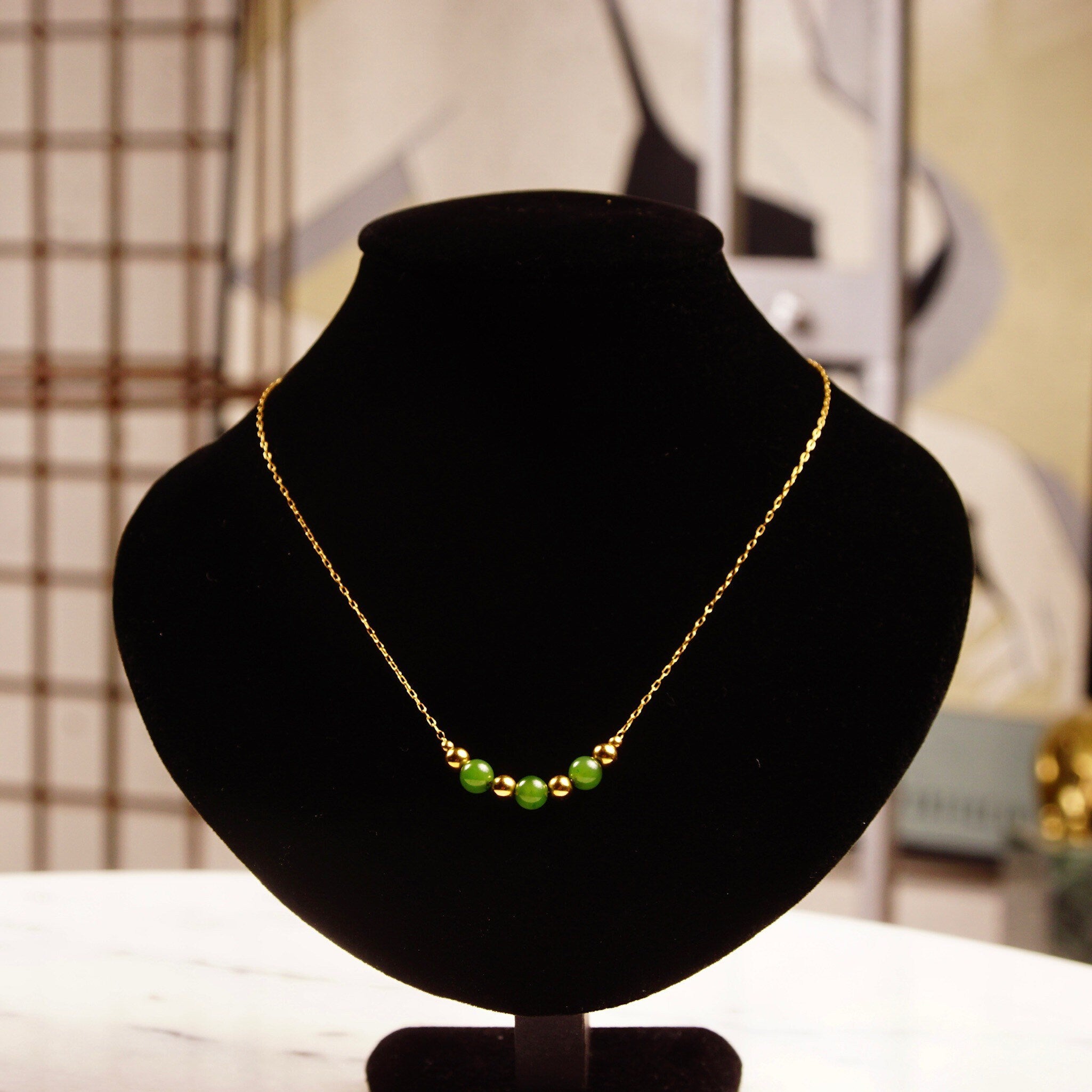 Vintage Van Dell 12KT GF Jade Bead Choker Necklace, Inline Green & Gold Bead Pendant, Delicate Yellow Gold Chain, 14 1/2" L