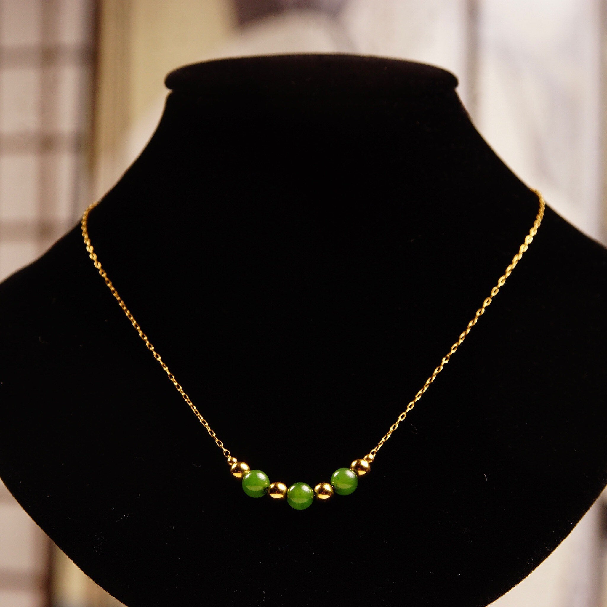 Vintage Van Dell 12KT GF Jade Bead Choker Necklace, Inline Green & Gold Bead Pendant, Delicate Yellow Gold Chain, 14 1/2" L