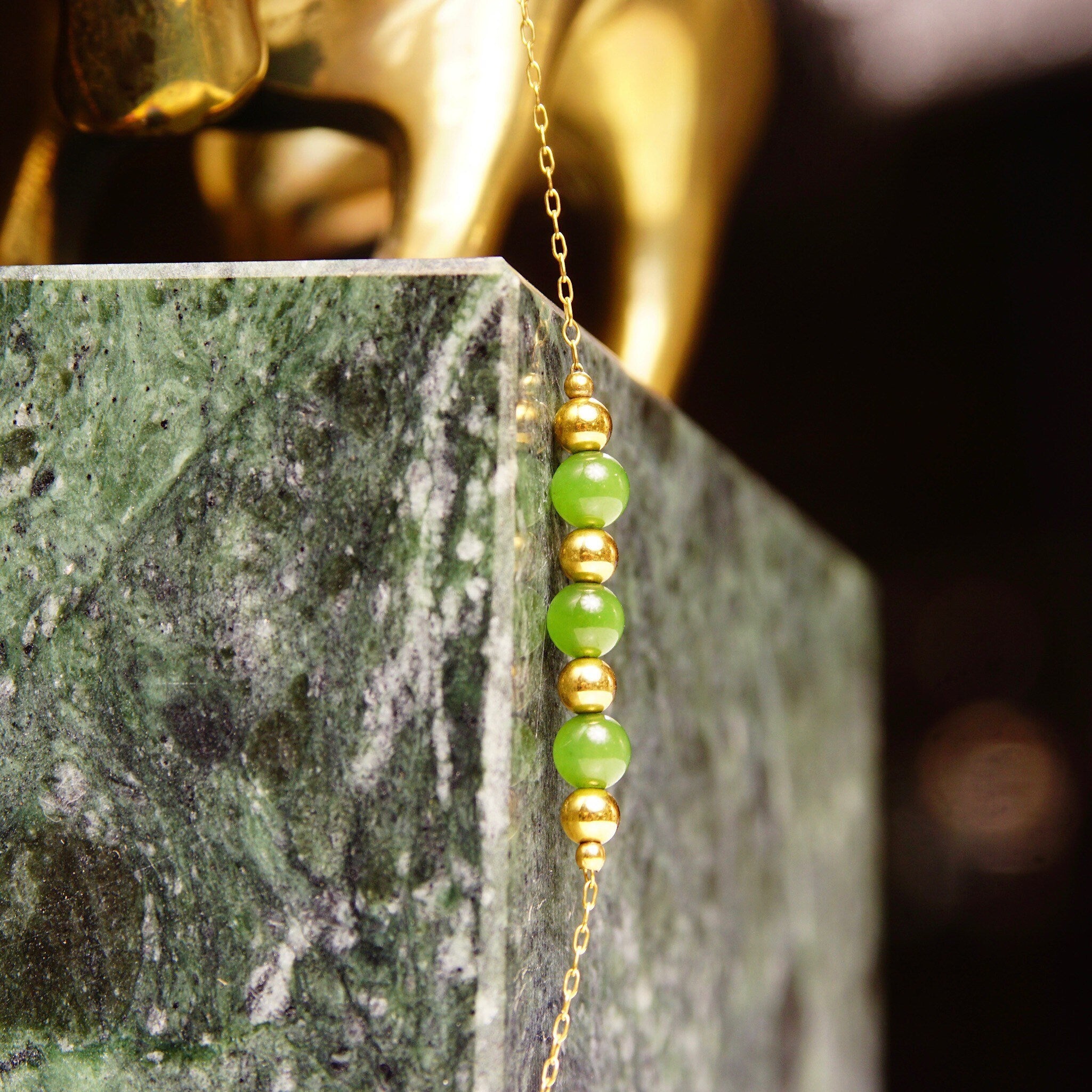 Vintage Van Dell 12KT GF Jade Bead Choker Necklace, Inline Green & Gold Bead Pendant, Delicate Yellow Gold Chain, 14 1/2" L