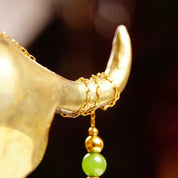 Vintage Van Dell 12KT GF Jade Bead Choker Necklace, Inline Green & Gold Bead Pendant, Delicate Yellow Gold Chain, 14 1/2" L