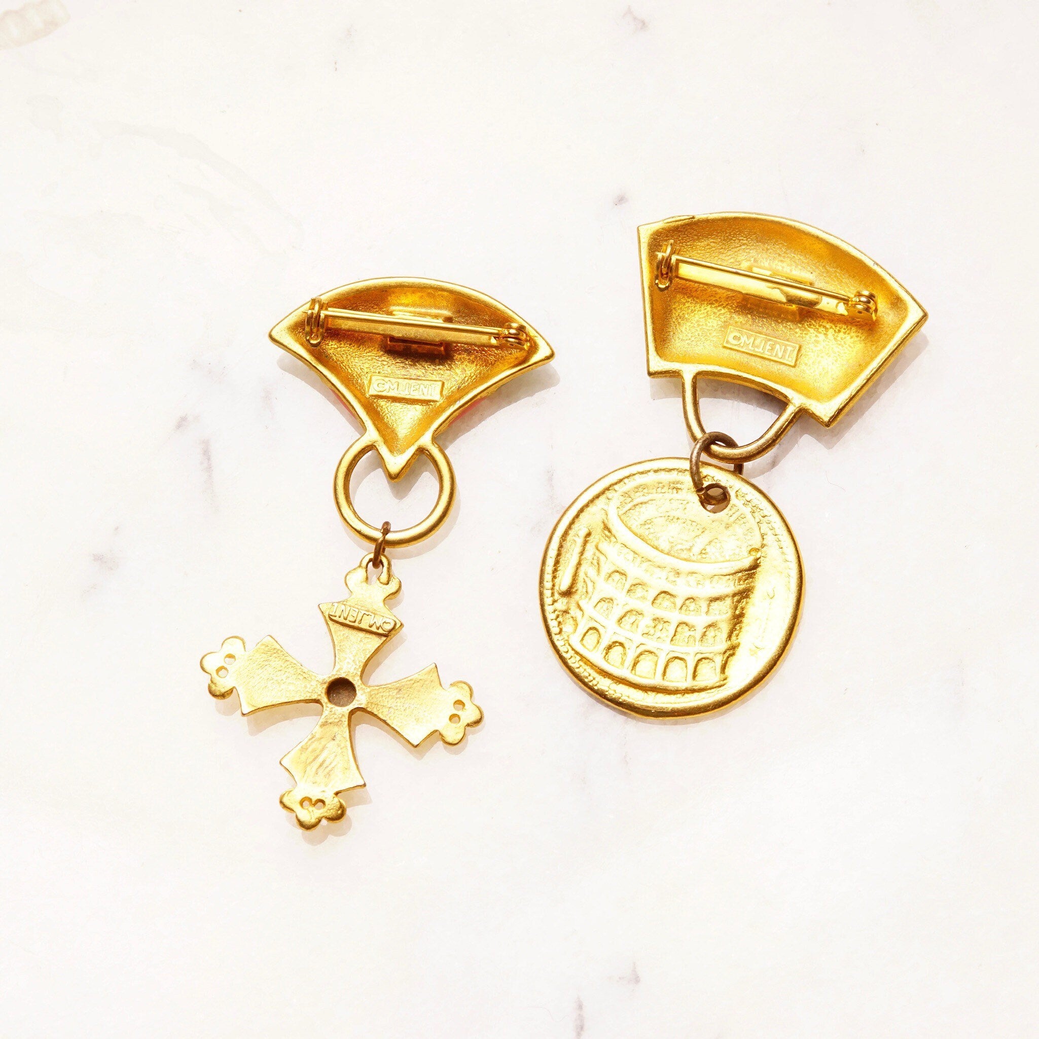 Vintage M.JENT Enameled Gold Tone Dangle Brooch Pins, Gold Cross/Coin, Pastel Colors, Cute Scarf/Sash/Skirt Pin, Designer Costumer Jewelry