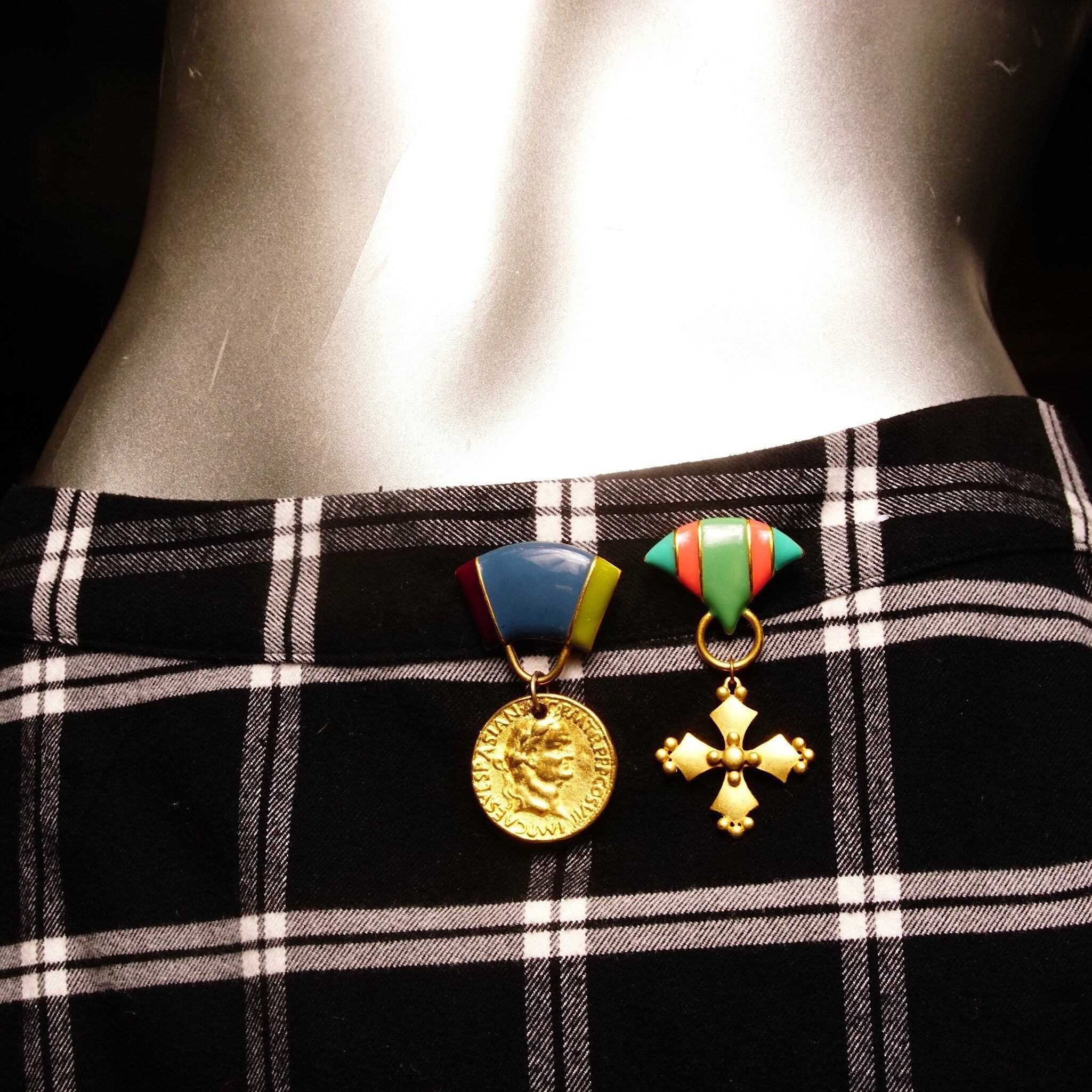 Vintage M.JENT Enameled Gold Tone Dangle Brooch Pins, Gold Cross/Coin, Pastel Colors, Cute Scarf/Sash/Skirt Pin, Designer Costumer Jewelry
