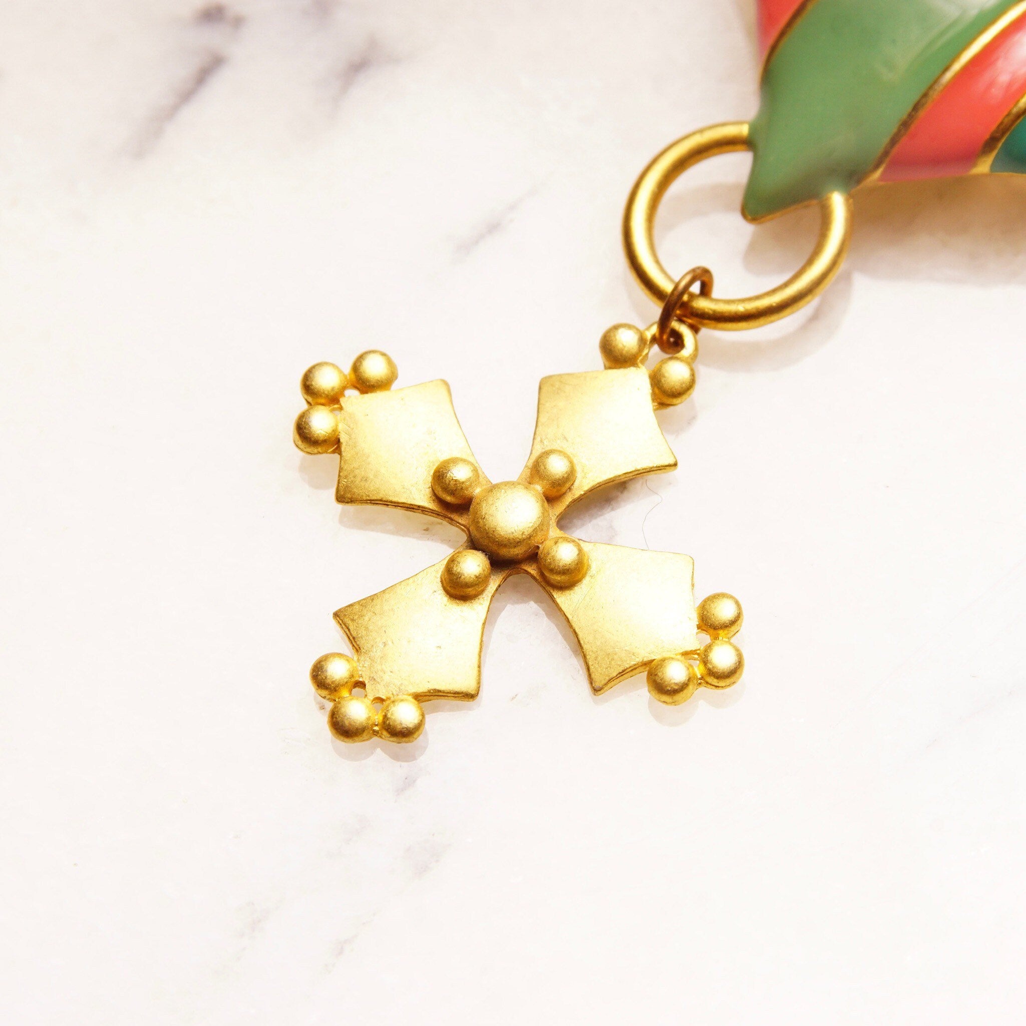 Vintage M.JENT Enameled Gold Tone Dangle Brooch Pins, Gold Cross/Coin, Pastel Colors, Cute Scarf/Sash/Skirt Pin, Designer Costumer Jewelry