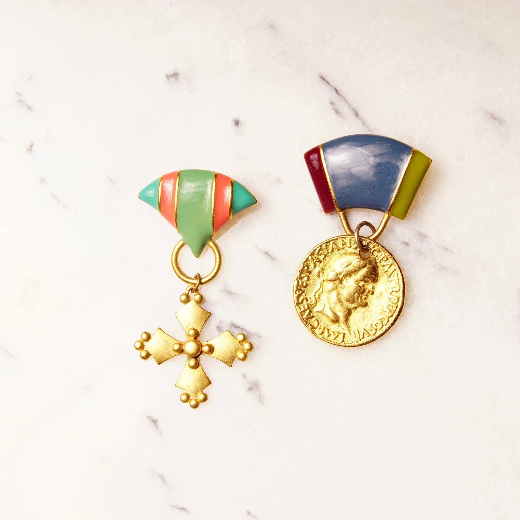 Vintage M.JENT Enameled Gold Tone Dangle Brooch Pins, Gold Cross/Coin, Pastel Colors, Cute Scarf/Sash/Skirt Pin, Designer Costumer Jewelry