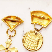 Vintage M.JENT Enameled Gold Tone Dangle Brooch Pins, Gold Cross/Coin, Pastel Colors, Cute Scarf/Sash/Skirt Pin, Designer Costumer Jewelry