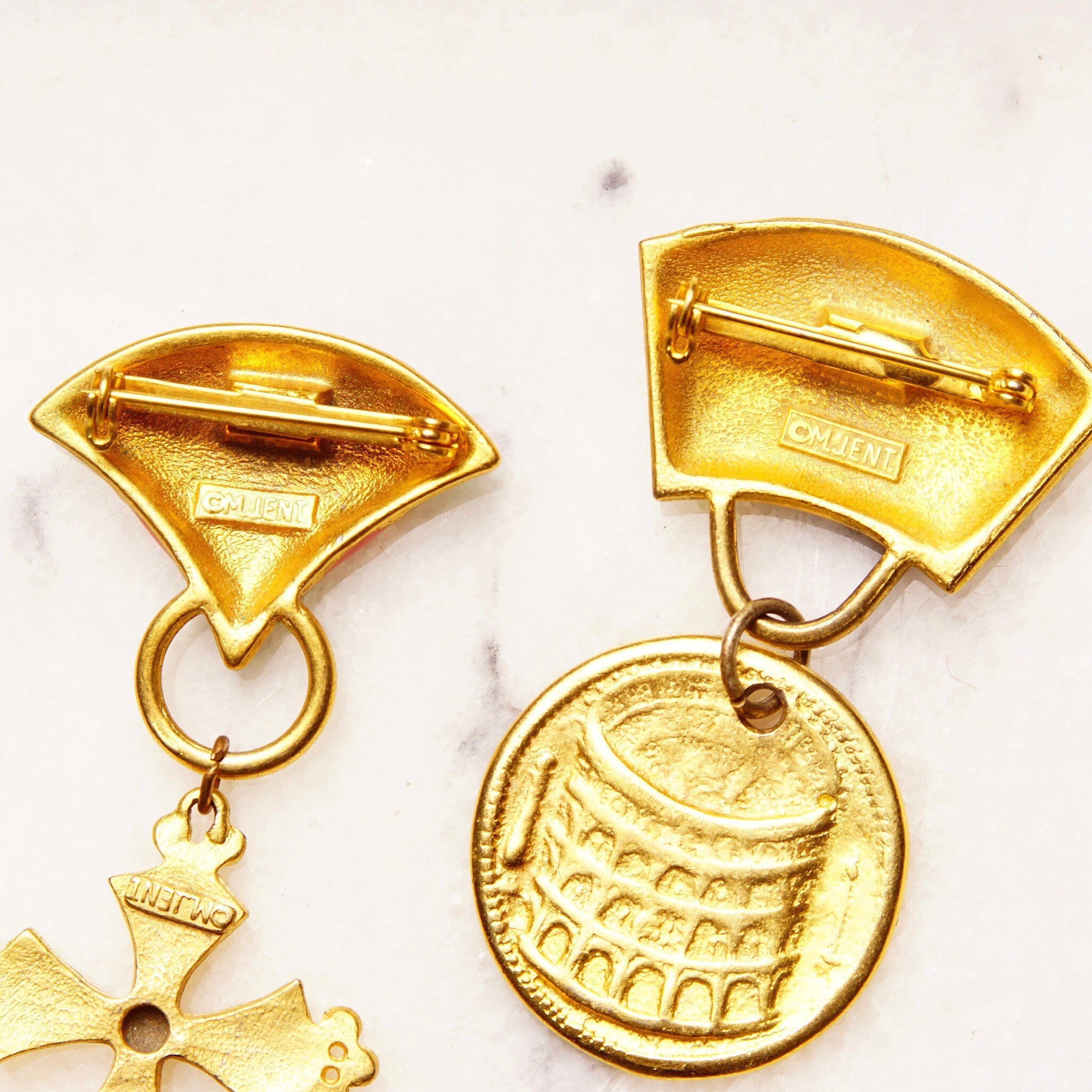Vintage M.JENT Enameled Gold Tone Dangle Brooch Pins, Gold Cross/Coin, Pastel Colors, Cute Scarf/Sash/Skirt Pin, Designer Costumer Jewelry