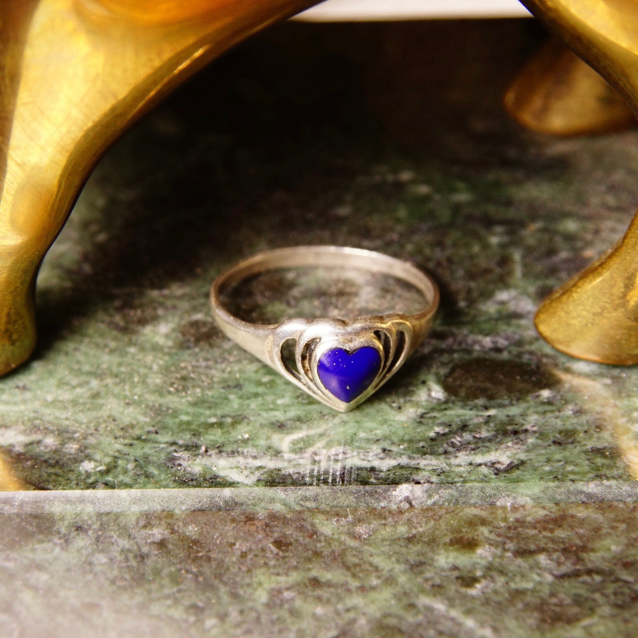 Vintage Sterling Silver Lapis Lazuli Heart Ring, Cut-Out Setting, Heart-Shaped Inlay Ring, Cobalt Blue Gemstone, Promise Ring, Size 8 1/2 US