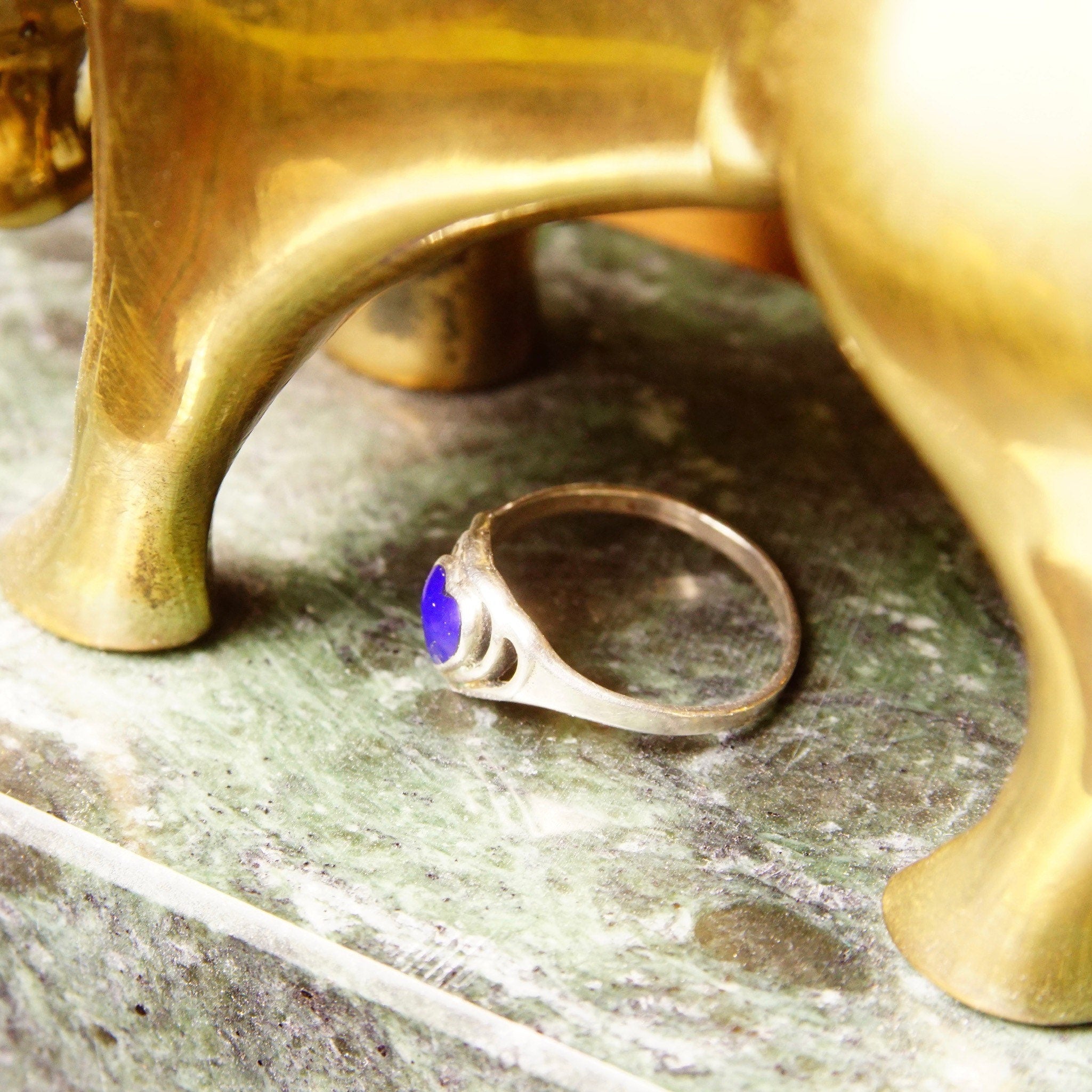 Vintage Sterling Silver Lapis Lazuli Heart Ring, Cut-Out Setting, Heart-Shaped Inlay Ring, Cobalt Blue Gemstone, Promise Ring, Size 8 1/2 US