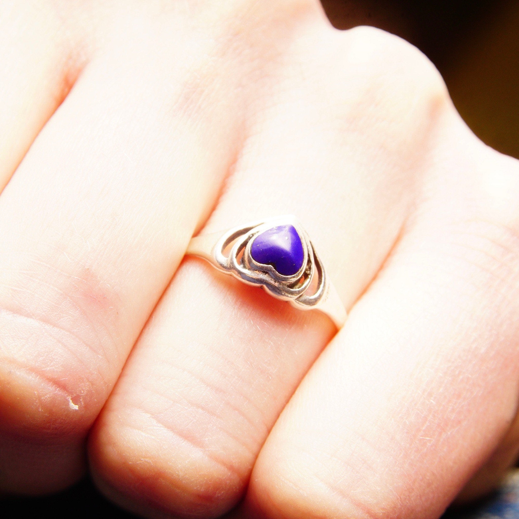 Vintage Sterling Silver Lapis Lazuli Heart Ring, Cut-Out Setting, Heart-Shaped Inlay Ring, Cobalt Blue Gemstone, Promise Ring, Size 8 1/2 US
