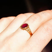 Vintage 10K Gold Garnet Ring, Faceted Gemstone Signet Ring, Decorated Yellow Gold Band, Stackable Ring, Size 8 3/4 US