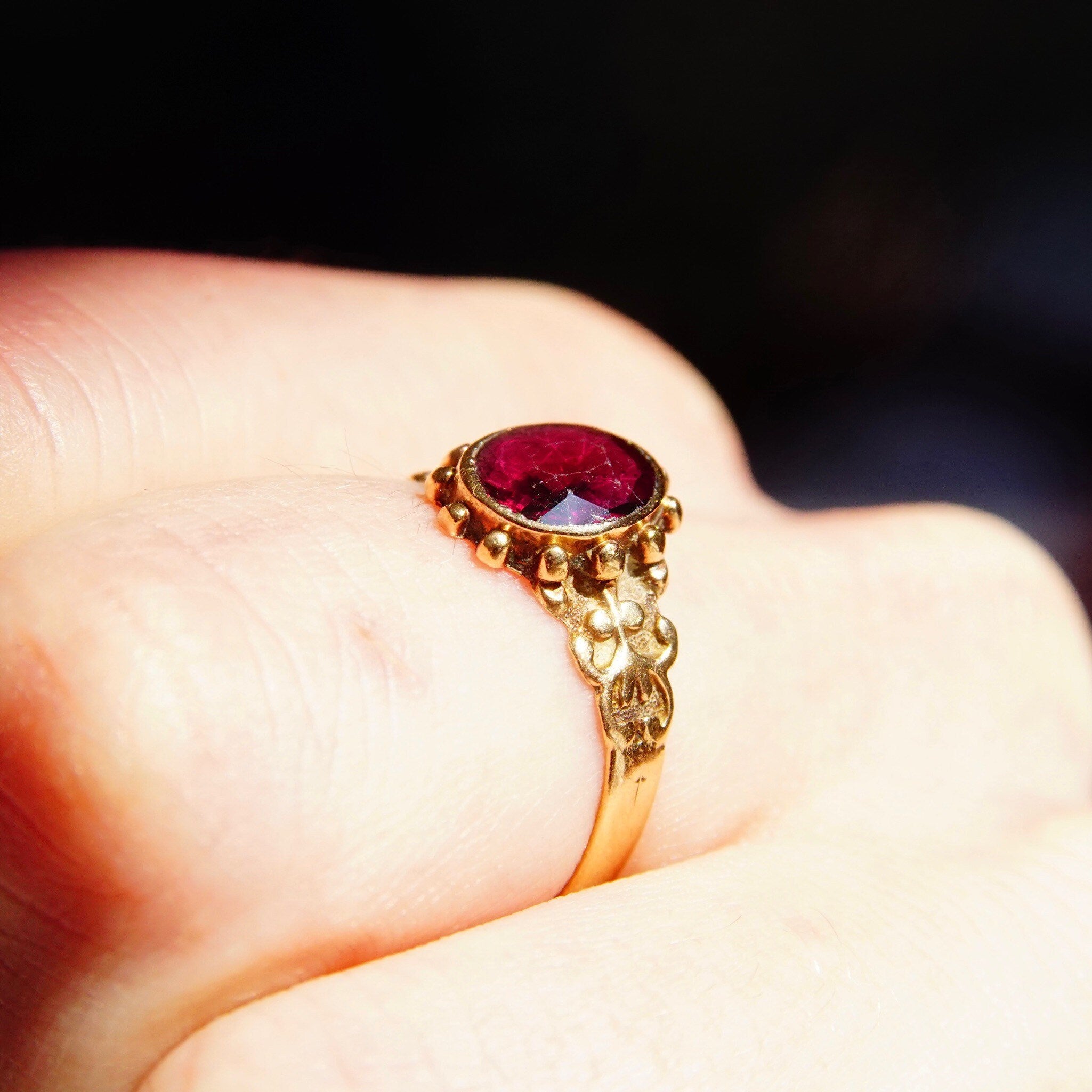 Vintage 10K Gold Garnet Ring, Faceted Gemstone Signet Ring, Decorated Yellow Gold Band, Stackable Ring, Size 8 3/4 US