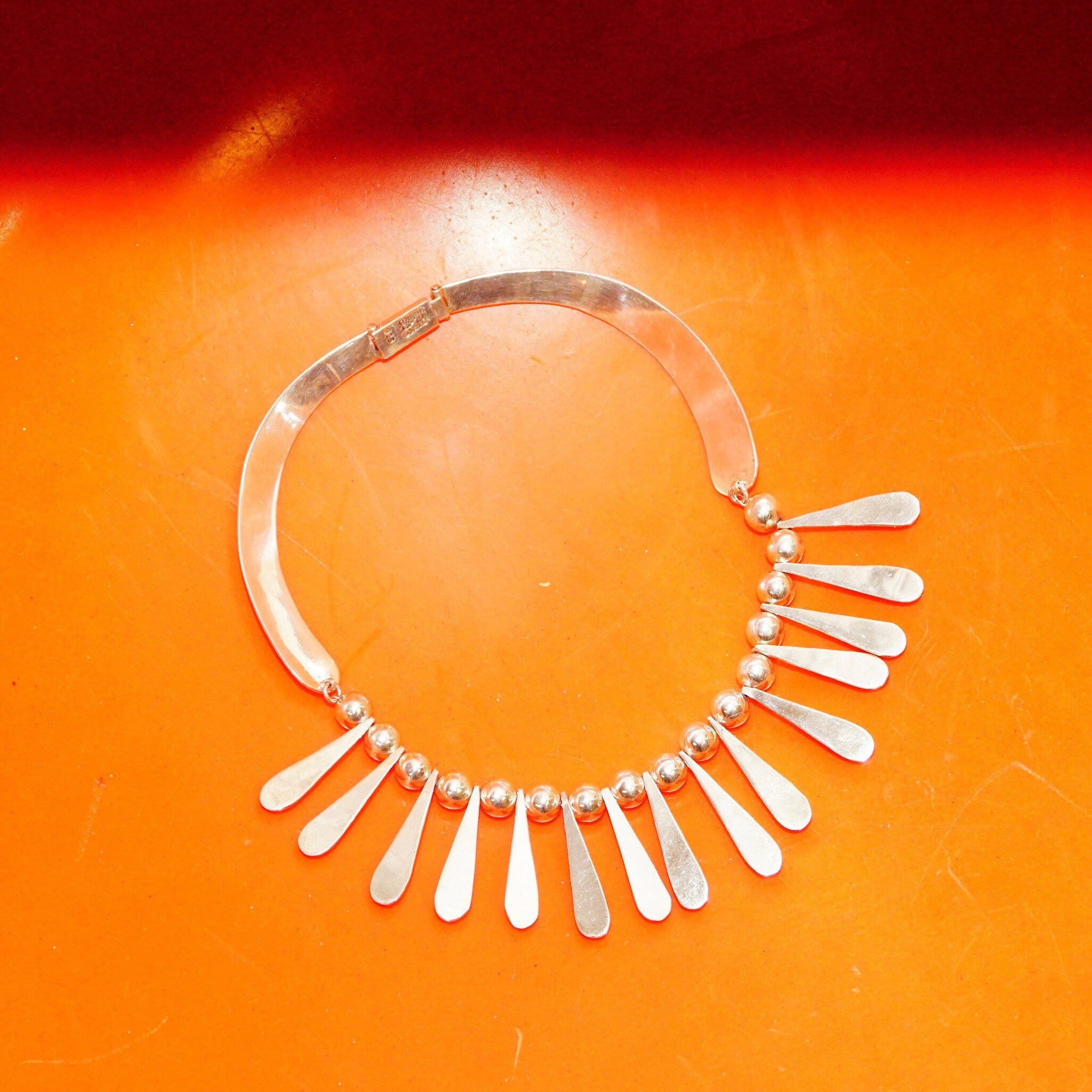 Vintage TAXCO Sterling Silver Festoon Necklace, Heavy Silver Teardrop & Bead Fringe Collar, 925 Mexico T5-79, Bohemian Modernist, 16" L