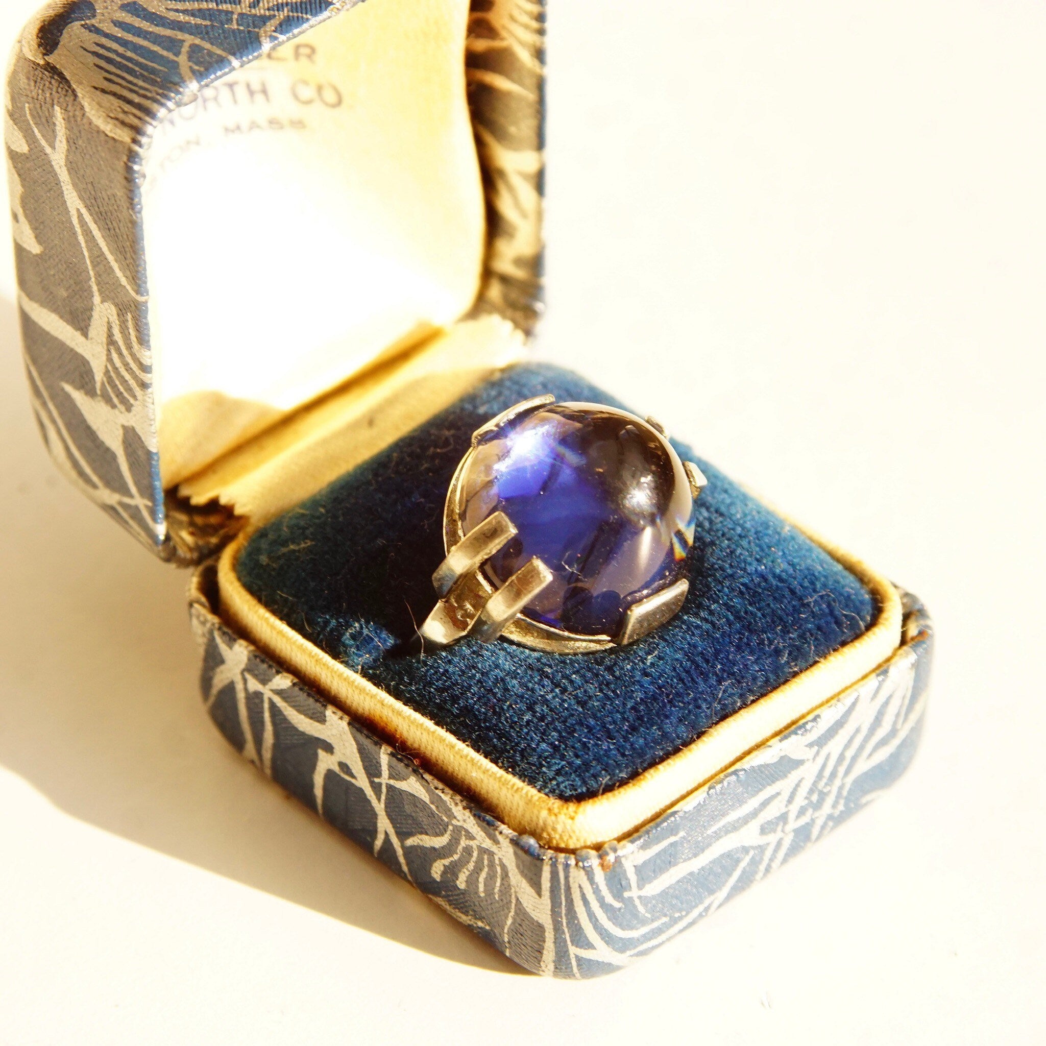Vintage Modernist Sterling Silver Blue Glass Cabochon Ring, Polished Color-Changing Stone, Industrial Silver Band, Unisex 925, Size 7 US