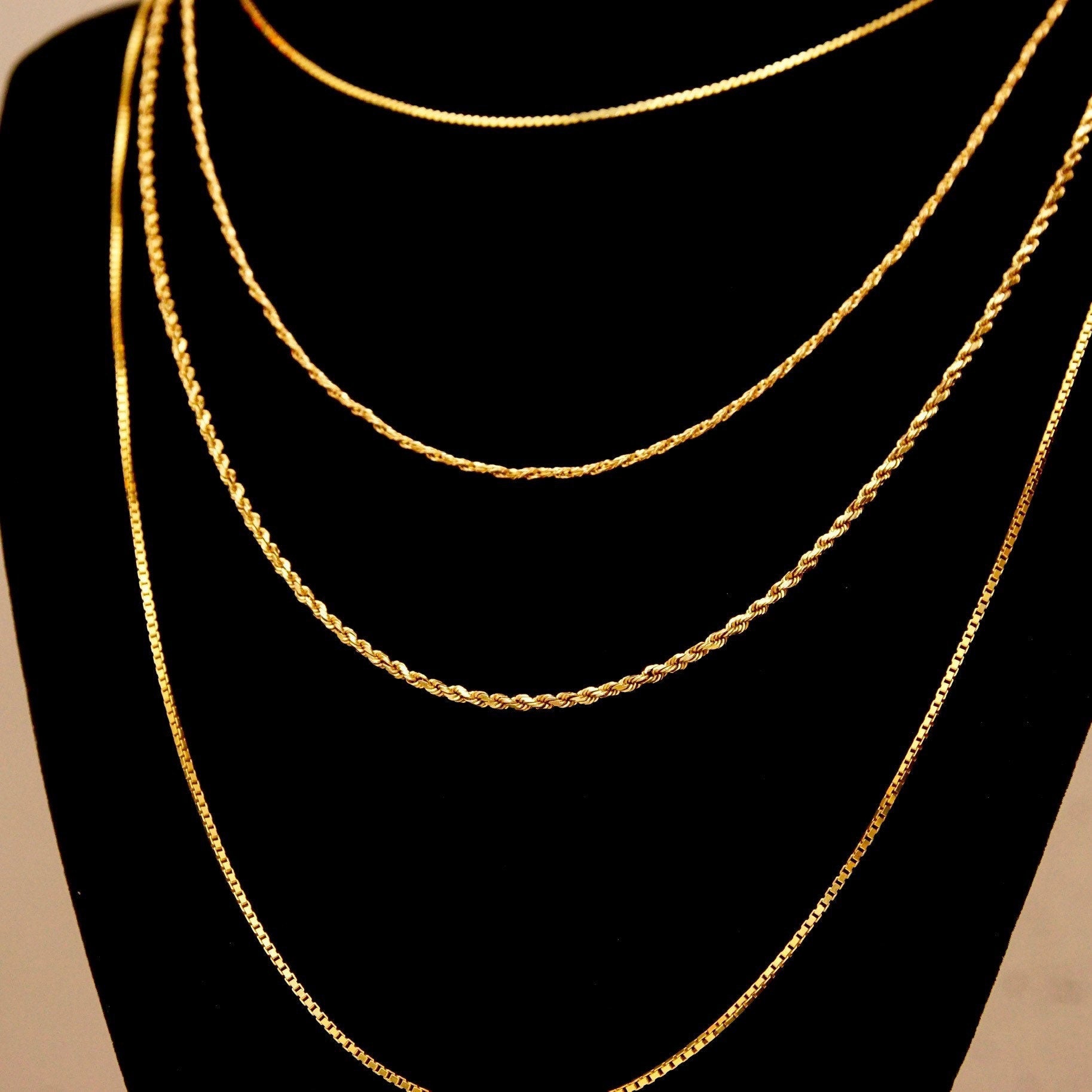 Vintage 14K Gold Chains, Thin Yellow Gold Box/Rope/Wheat/Serpentine Link Chains, Unisex, 585 Pendant Chain Necklaces, 15 3/4" - 24"
