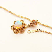 14K Filigree Opal Flower Pendant With 2-Diamond Accent Necklace Bail, Gemstone Cabochon, 1.5mm Loose Rope Chain, 21" L