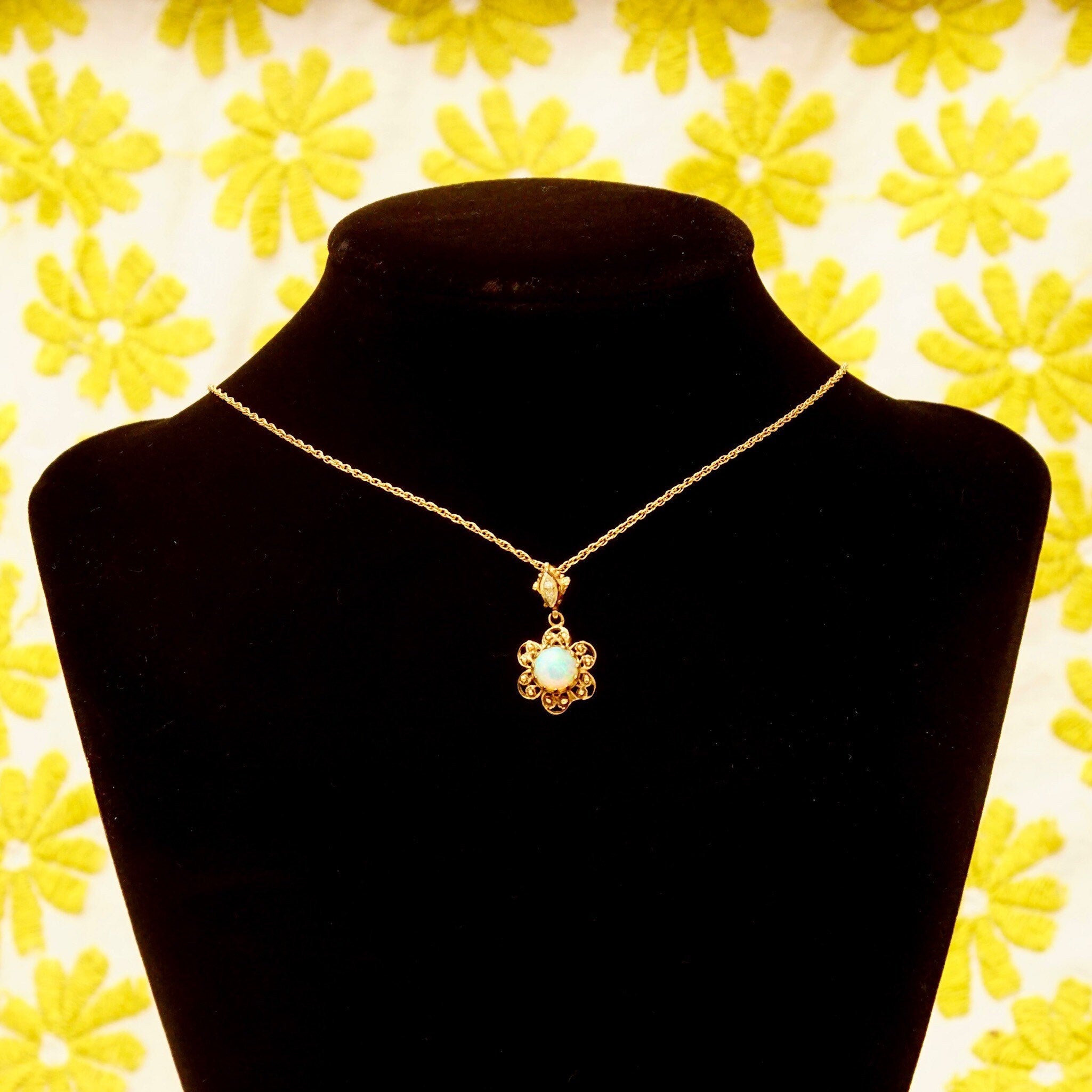 14K Filigree Opal Flower Pendant With 2-Diamond Accent Necklace Bail, Gemstone Cabochon, 1.5mm Loose Rope Chain, 21" L