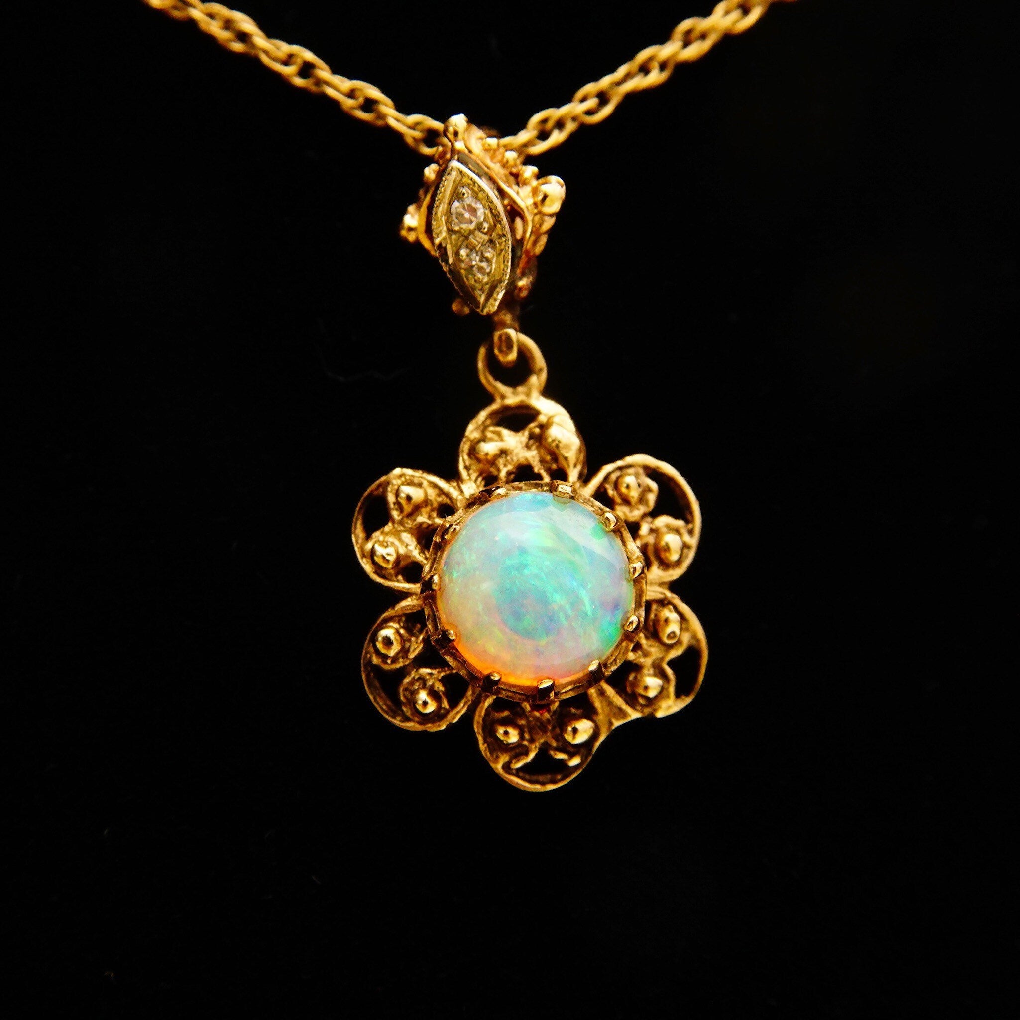 14K Filigree Opal Flower Pendant With 2-Diamond Accent Necklace Bail, Gemstone Cabochon, 1.5mm Loose Rope Chain, 21" L