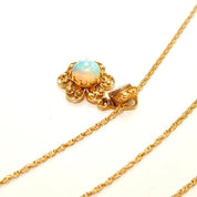 14K Filigree Opal Flower Pendant With 2-Diamond Accent Necklace Bail, Gemstone Cabochon, 1.5mm Loose Rope Chain, 21" L