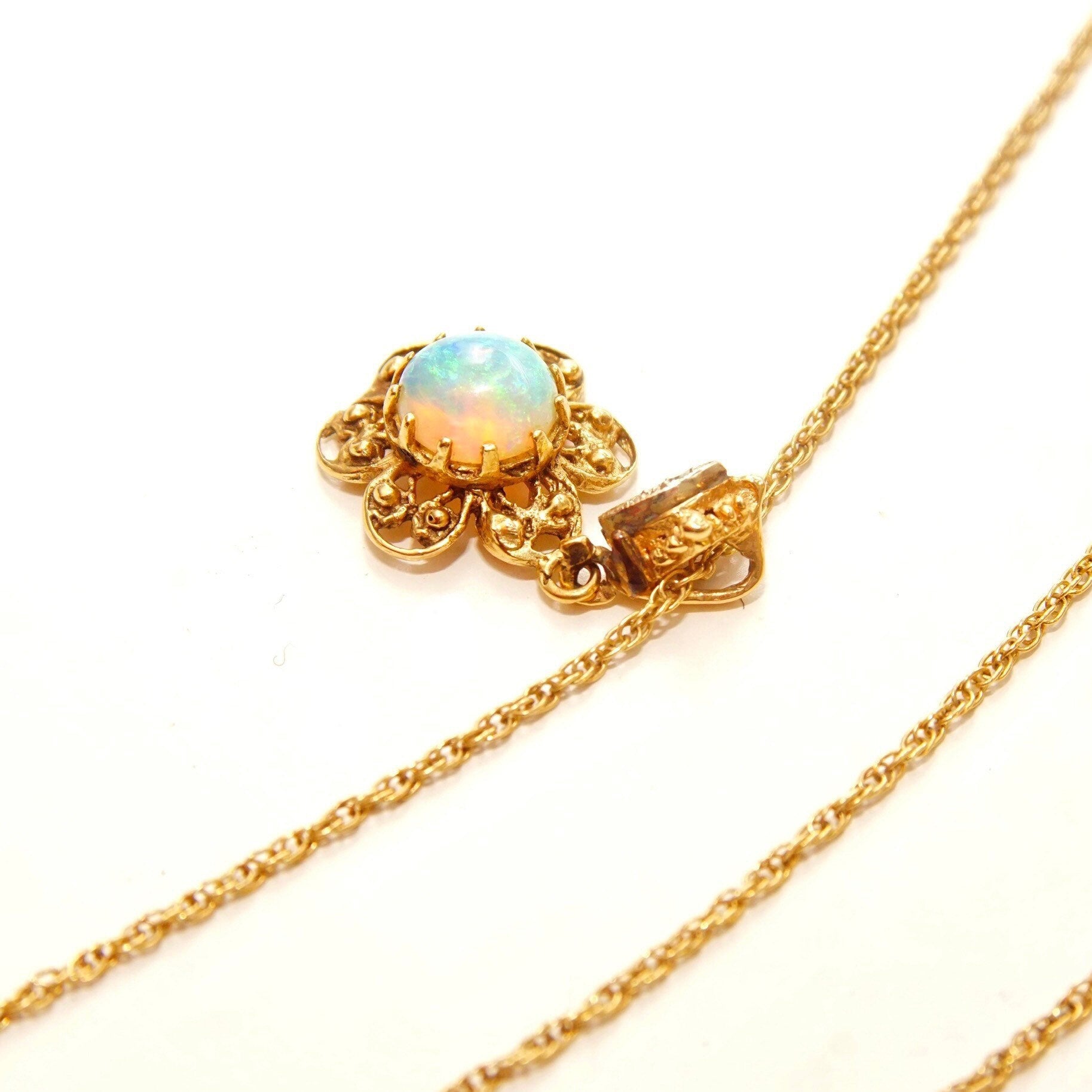 14K Filigree Opal Flower Pendant With 2-Diamond Accent Necklace Bail, Gemstone Cabochon, 1.5mm Loose Rope Chain, 21" L