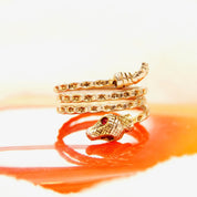 Vintage Two-Tone Sterling Silver Snake Coil Ring, Diamond-Cut, Gold Accents, Red Jeweled Eyes, Bohemian Ring, Adjustable, Size 5-10 US