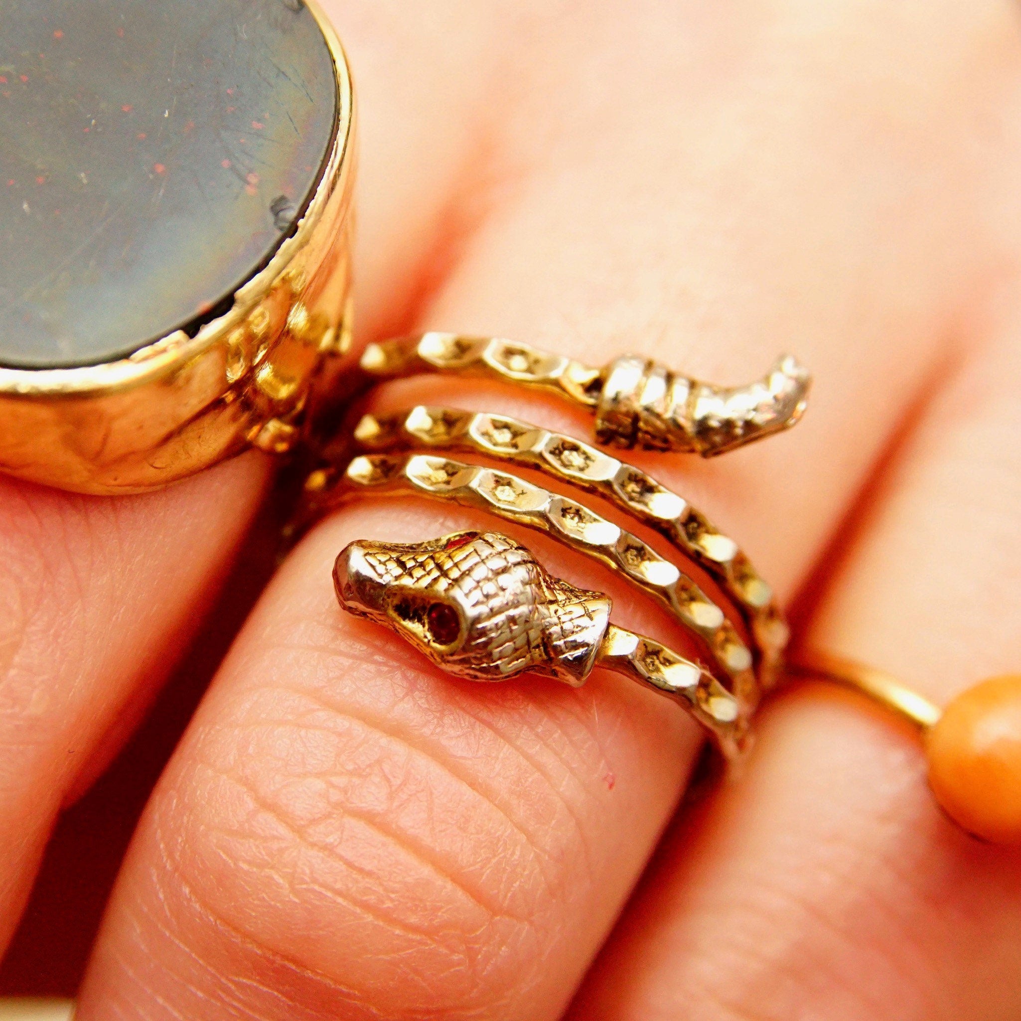 Vintage Two-Tone Sterling Silver Snake Coil Ring, Diamond-Cut, Gold Accents, Red Jeweled Eyes, Bohemian Ring, Adjustable, Size 5-10 US