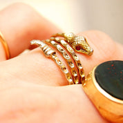 Vintage Two-Tone Sterling Silver Snake Coil Ring, Diamond-Cut, Gold Accents, Red Jeweled Eyes, Bohemian Ring, Adjustable, Size 5-10 US