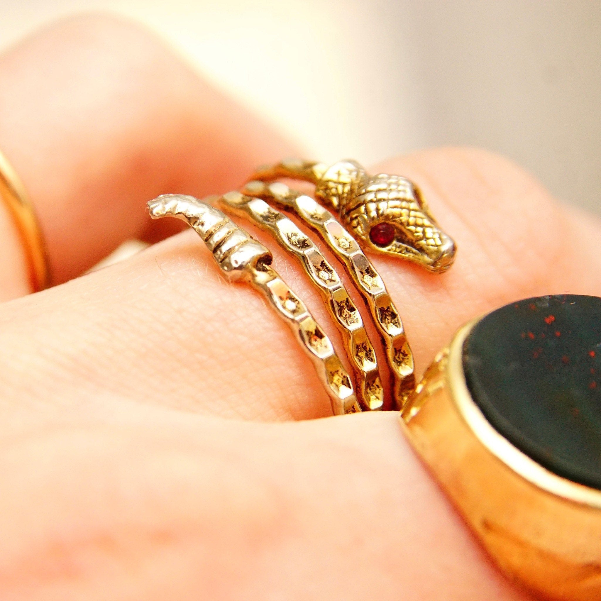 Vintage Two-Tone Sterling Silver Snake Coil Ring, Diamond-Cut, Gold Accents, Red Jeweled Eyes, Bohemian Ring, Adjustable, Size 5-10 US
