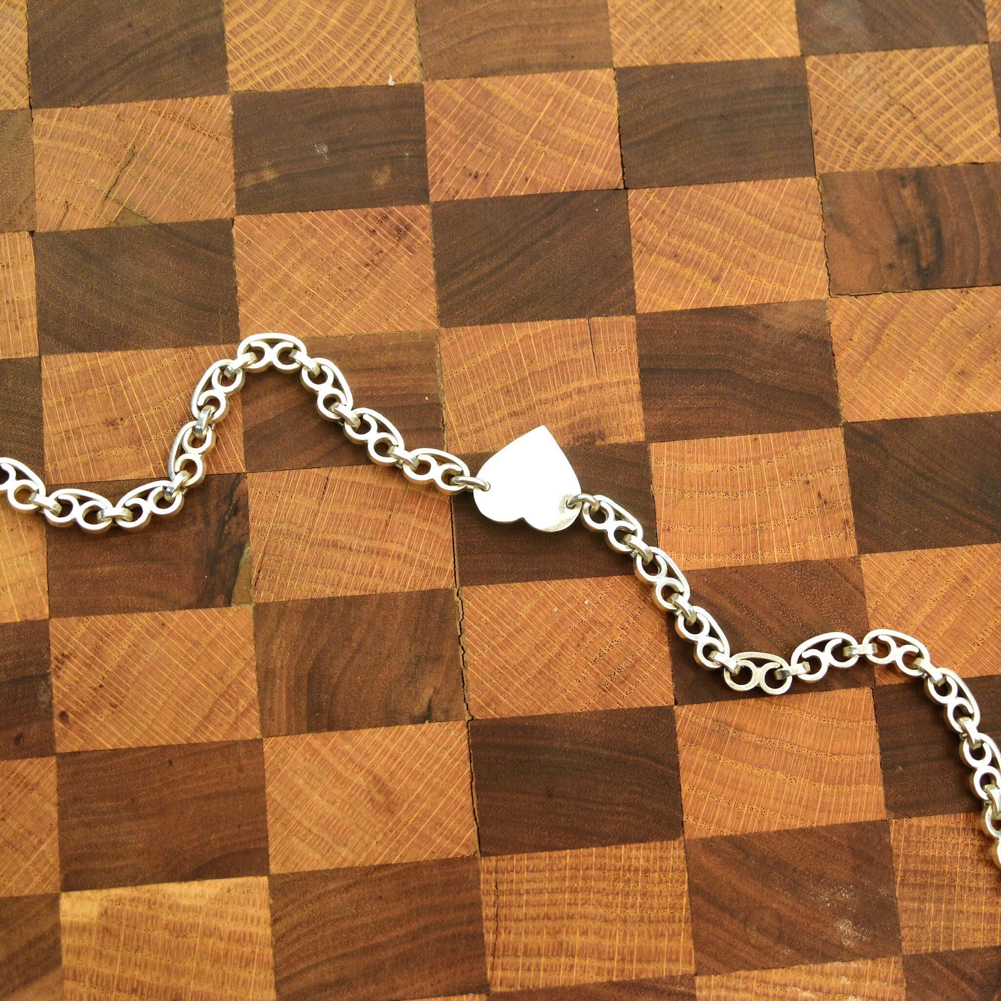 Sterling Silver Heart Tag Collar Necklace, Solid Scroll Links & Toggle Clasp, Tiffany Style, Taxco Jewelry, 18"