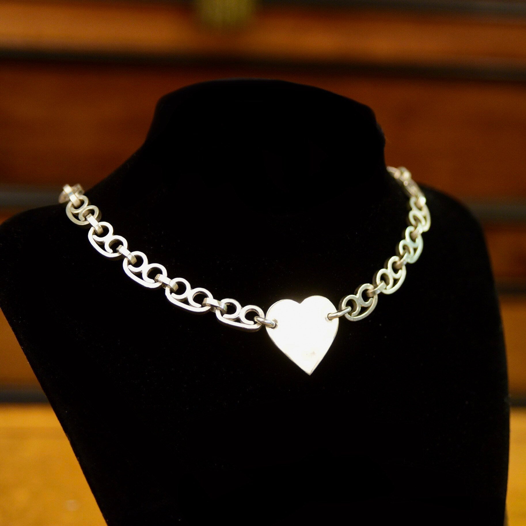 Sterling Silver Heart Tag Collar Necklace, Solid Scroll Links & Toggle Clasp, Tiffany Style, Taxco Jewelry, 18"