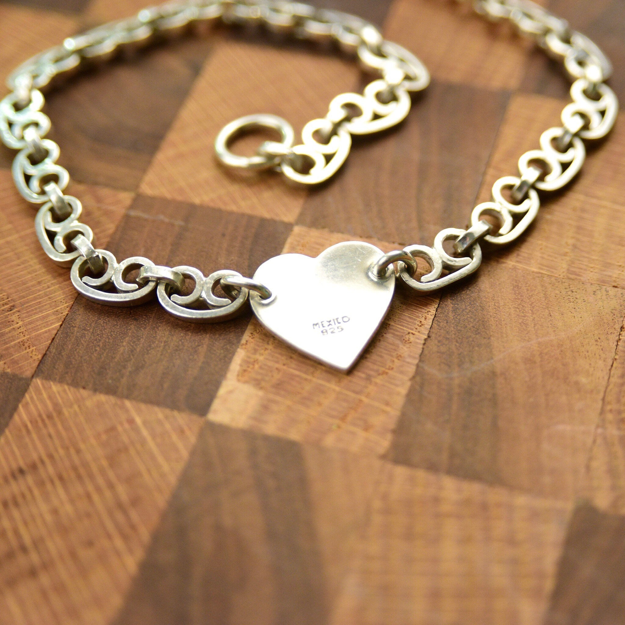 Sterling Silver Heart Tag Collar Necklace, Solid Scroll Links & Toggle Clasp, Tiffany Style, Taxco Jewelry, 18"