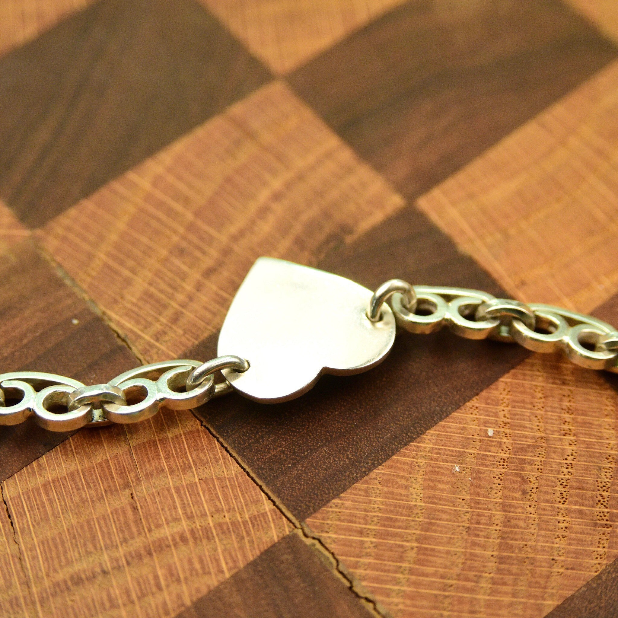 Sterling Silver Heart Tag Collar Necklace, Solid Scroll Links & Toggle Clasp, Tiffany Style, Taxco Jewelry, 18"