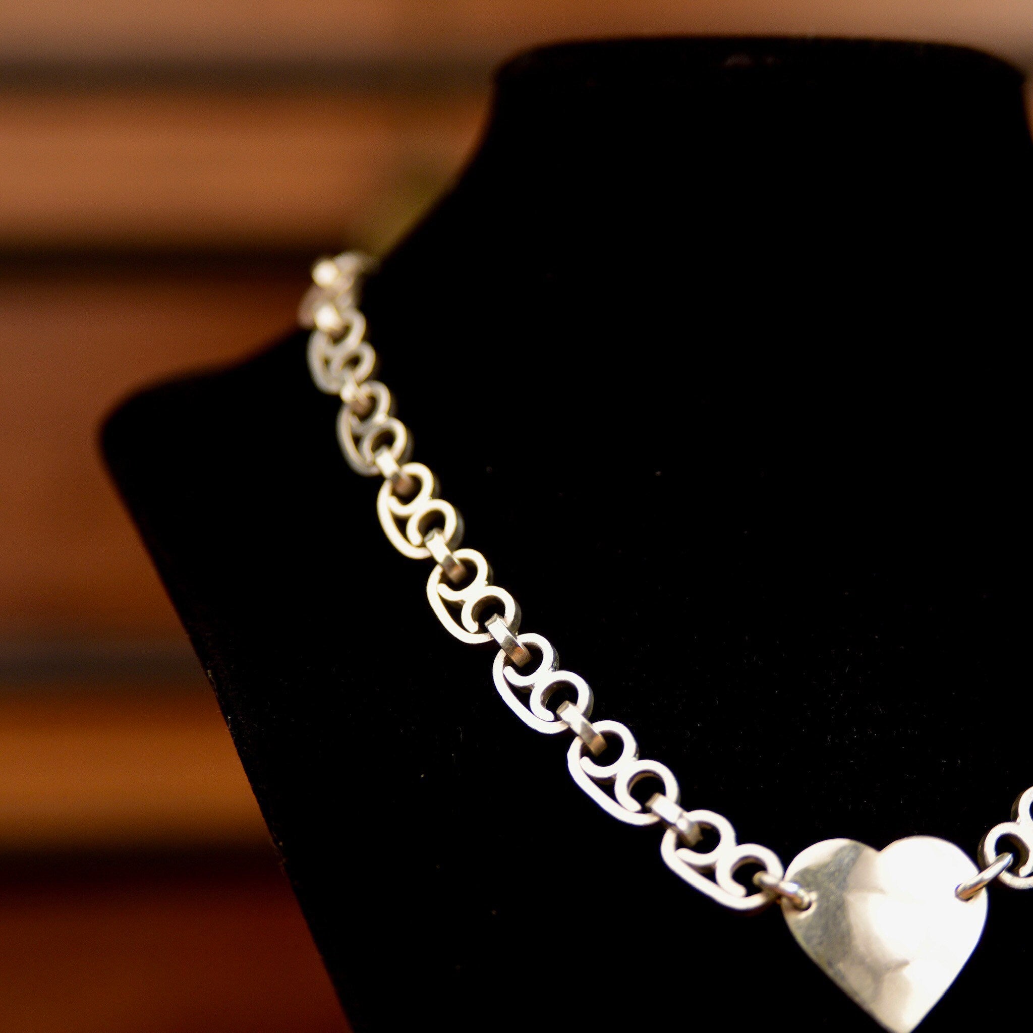 Sterling Silver Heart Tag Collar Necklace, Solid Scroll Links & Toggle Clasp, Tiffany Style, Taxco Jewelry, 18"