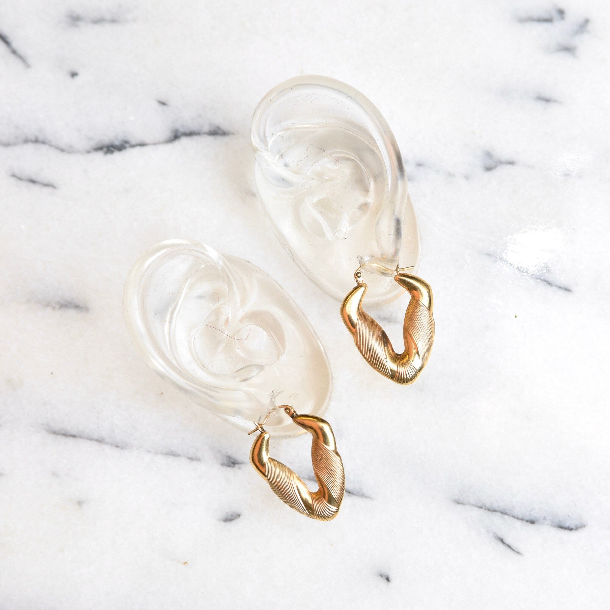 14K Puffed V-Hoops, Line Textured Yellow Gold Chevron Earrings, Hinged Ear Wire, S/M Size, 1 3/8" L