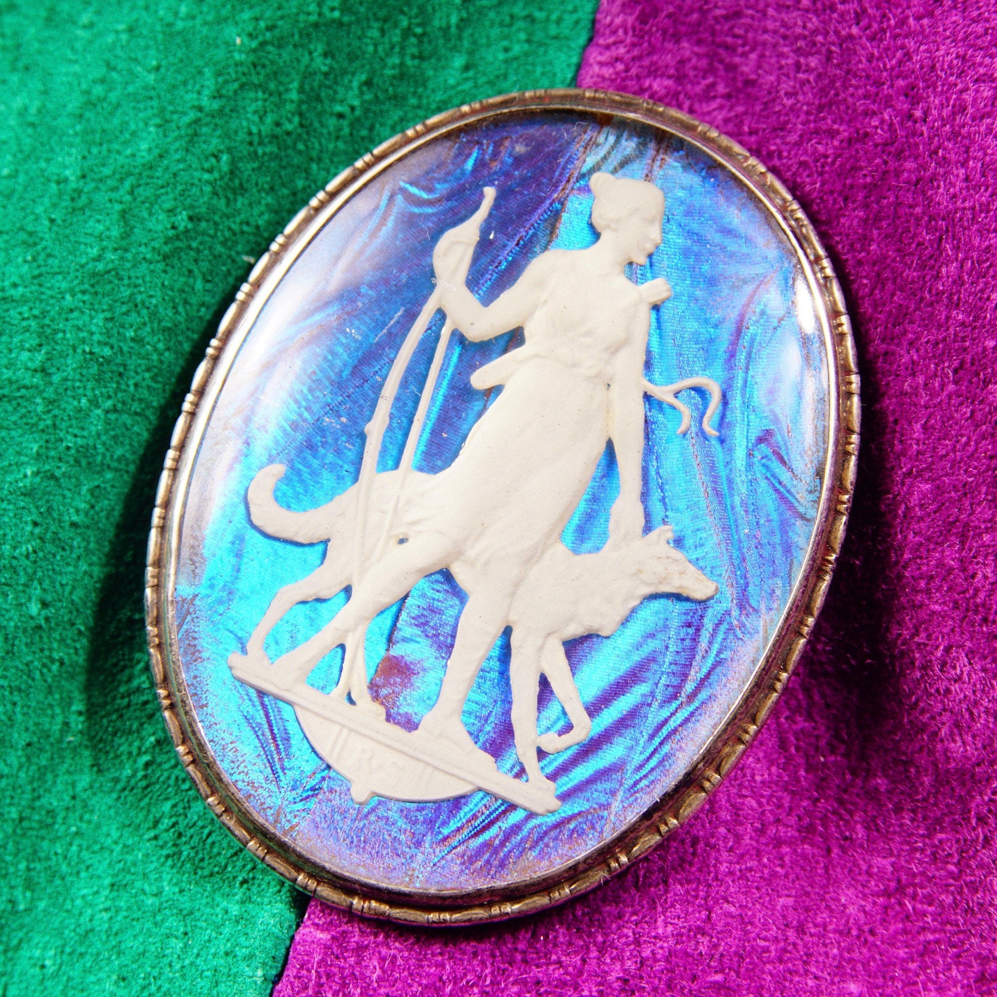 Vintage Art Deco Sterling Silver Butterfly Wing Cameo Brooch, Iridescent Sulfide Cameo Pin, Grecian Goddess, Made In England, 1 3/4" L