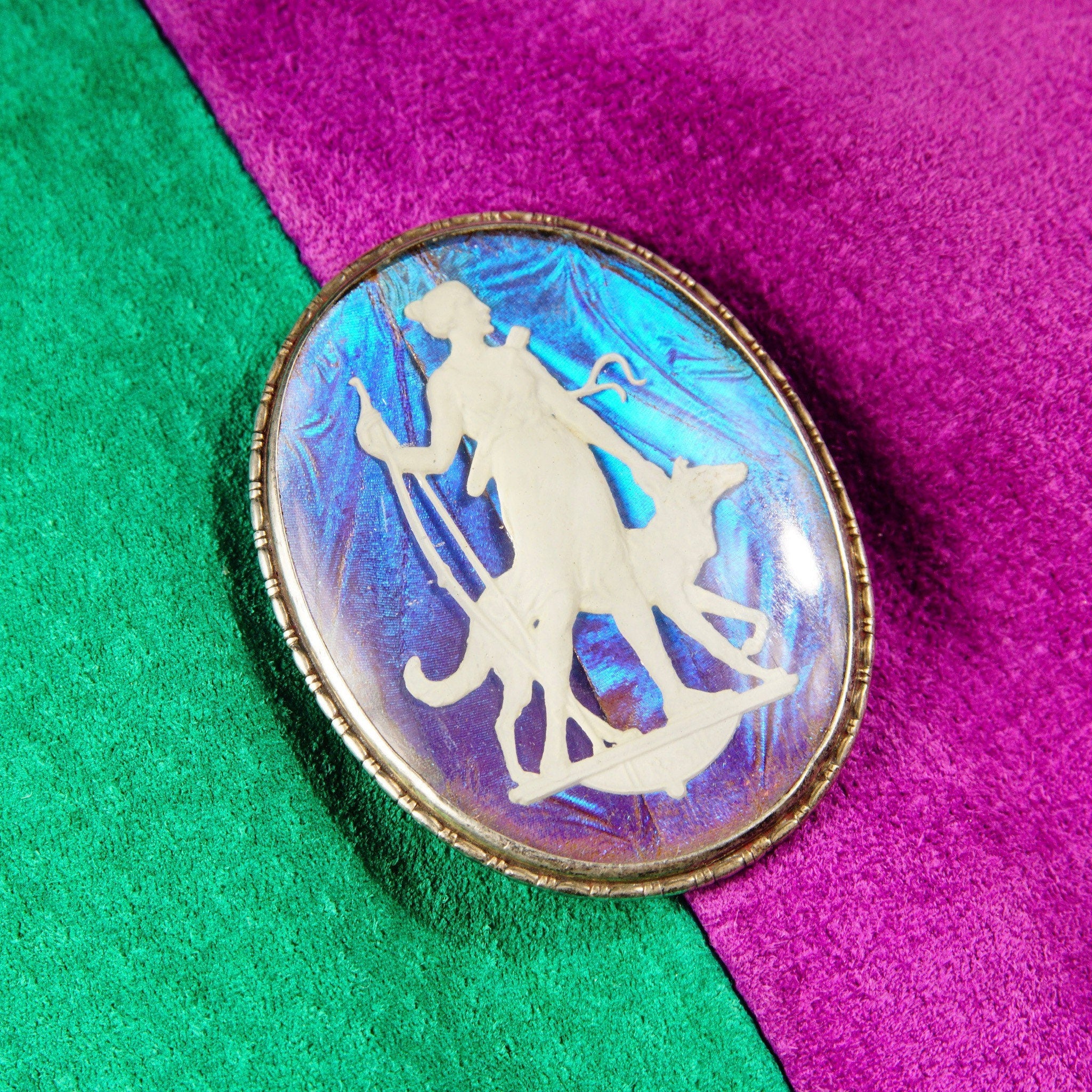 Vintage Art Deco Sterling Silver Butterfly Wing Cameo Brooch, Iridescent Sulfide Cameo Pin, Grecian Goddess, Made In England, 1 3/4" L