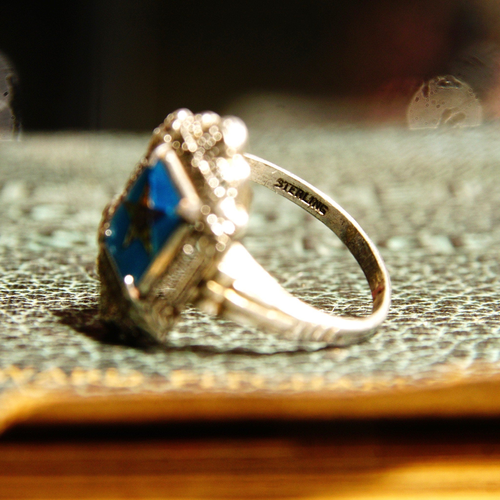 Vintage Sterling Silver Filigree Enamel Order Of The Eastern Star Ring with Blue and Black Enamel, Art Deco 925 Jewelry Freemasons Ring