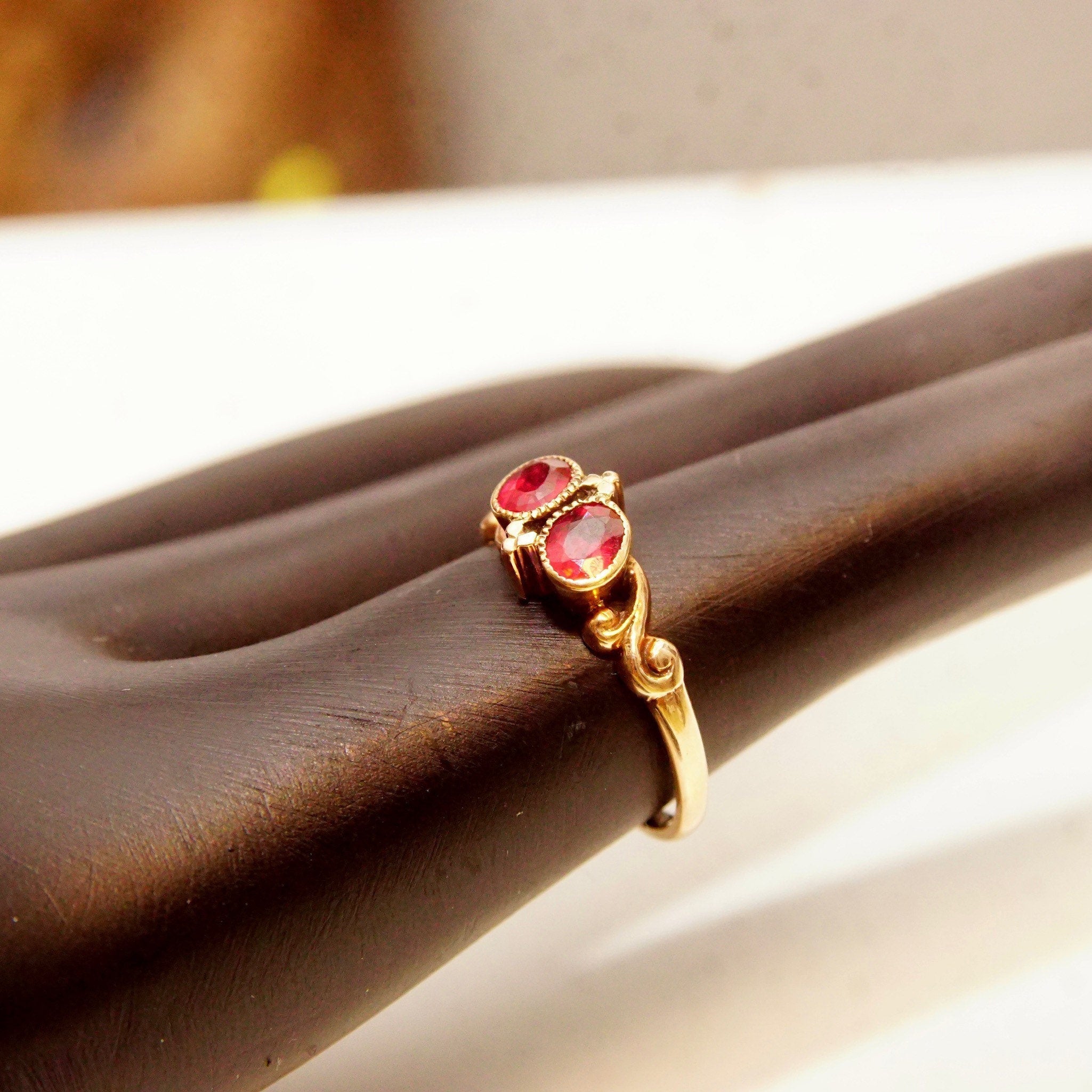 Antique 14K Gold Two-Ruby Gemstone Ring, Thin Embellished Gold Band, Decorated Bezel Setting, Ring Size 5 US