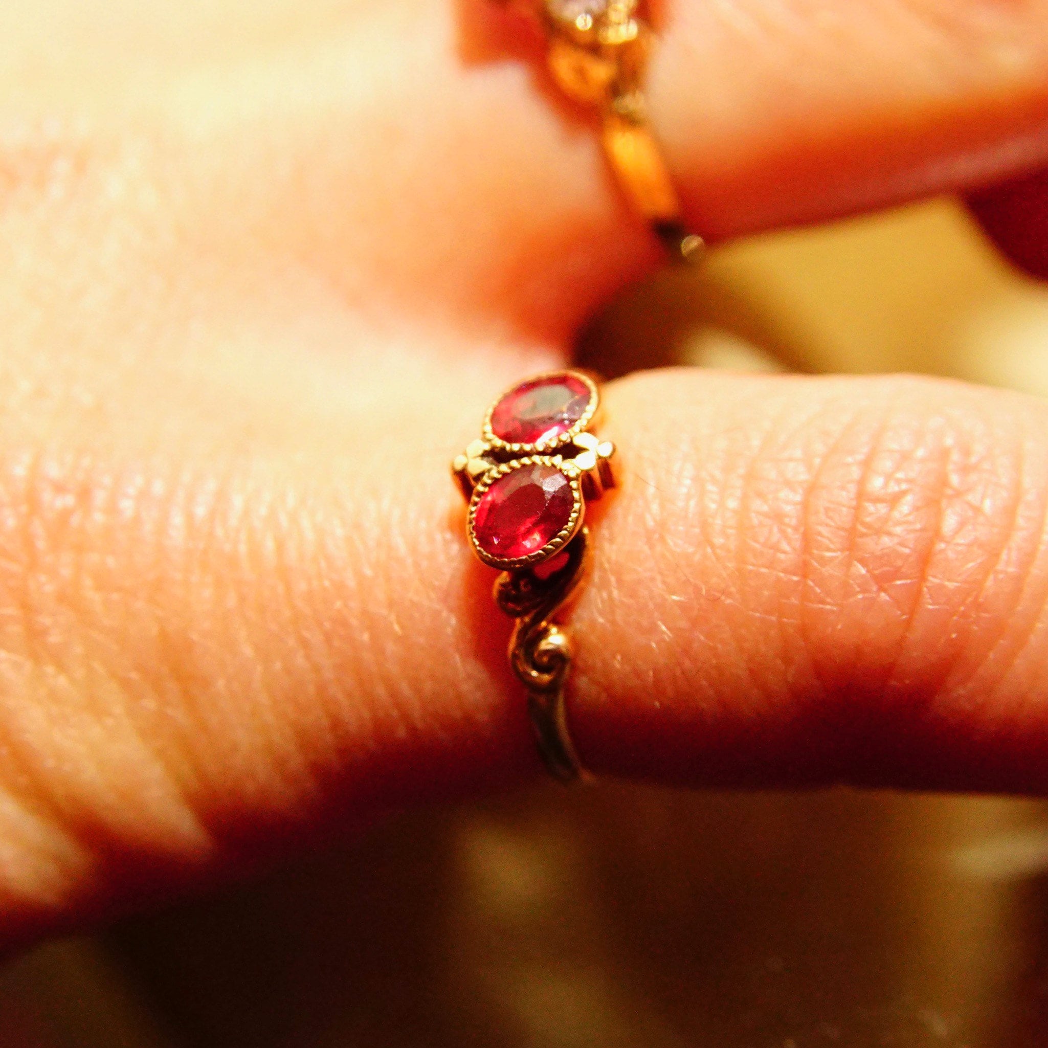 Antique 14K Gold Two-Ruby Gemstone Ring, Thin Embellished Gold Band, Decorated Bezel Setting, Ring Size 5 US